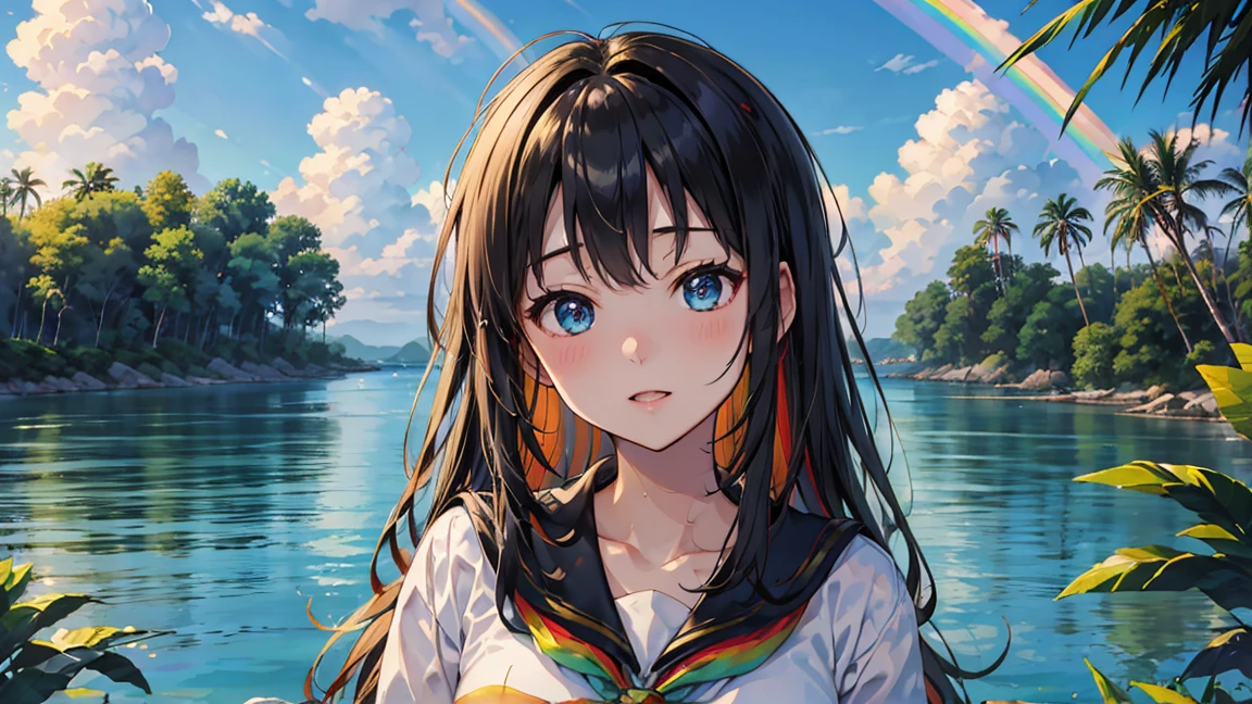 rainbow、美しいrainbow、(rainbowの空:1.5), Relaxing high school girl、Sailor suit、big、Japanese 、wearing 、rainbow、Ocean、Splash playing red fly background,Tropical atmosphere