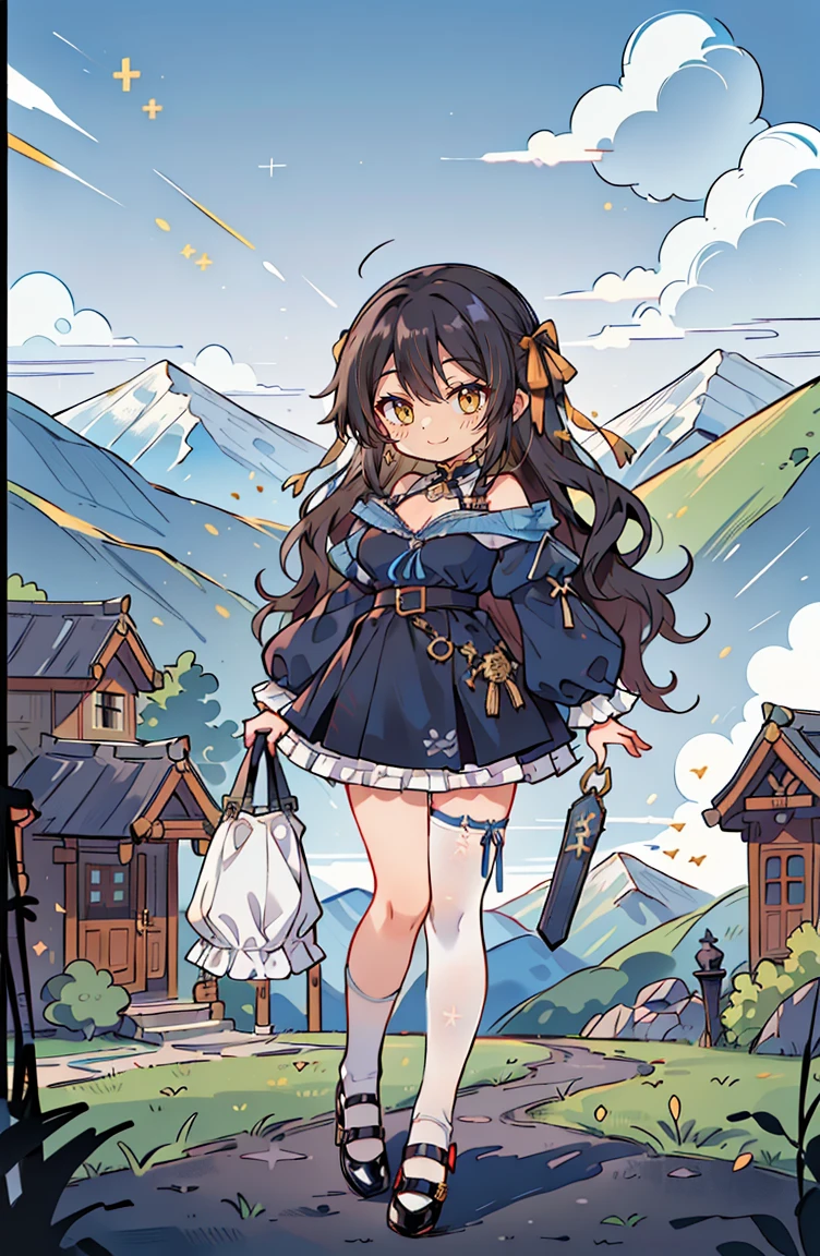 (masterpiece:1.2), (high quality:1.2), hui xiyi, rekkyo sensen, rekkyou sensen, (full body, chibi girls:1.45), solo focus, girls with((black hair, tits cleavage, exposed breasts, breasts close up, dress, (blue clothes:1.3), ribbon belt, off-shoulder sleeves, long sleeves, furry jacket, frills shirt, frills camisole, straps, (ribbon tie, rosary choker, golden rosary, cross:1.05), (strap shoes, black shoes, exposed legs, exposed foots, left legwear, white legwear:1.67), (long wavy hair, one side up:1.4))), background with ((architecture, blue sky, building, bush, castle, village, no humans, cloud, cloudy sky, day, fence, field, garden, grass, hill, house, lamppost, landscape, mountain, mountainous horizon, nature, no humans, outdoors, scenery, shrine, sky, tower))