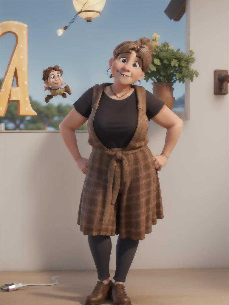 A 50-year-old woman, with brown hair with blonde highlights tied up, Disney Pixar style, high quality, best quality.