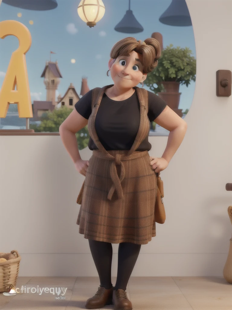 A 50-year-old woman, with brown hair with blonde highlights tied up, Disney Pixar style, high quality, best quality.