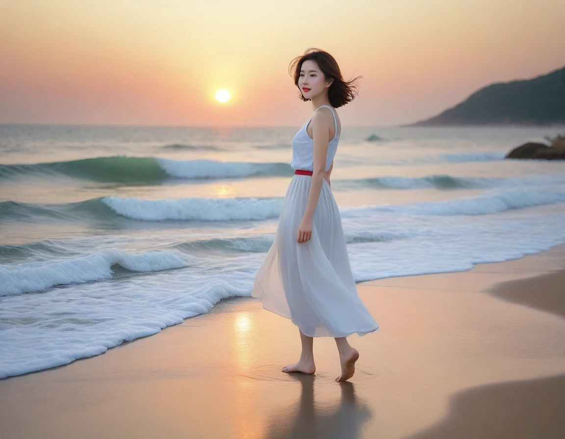 8K, sunset red sun on the beach,A strong lingering scent is reflected in the sea., Beautiful 36-year-old short Korean woman, Chest size 34 inches, Wear sleeveless, light skirt. beautiful pretty woman look , wearing a light skirt , Go far into the sea water and dip your toes., Short medium hair blowing in the wind, 1 woman, beautiful eyes, a little smile, Full-body photo taken from afar with a wide-angle lens, The background is clean and perfect., the waves are coming