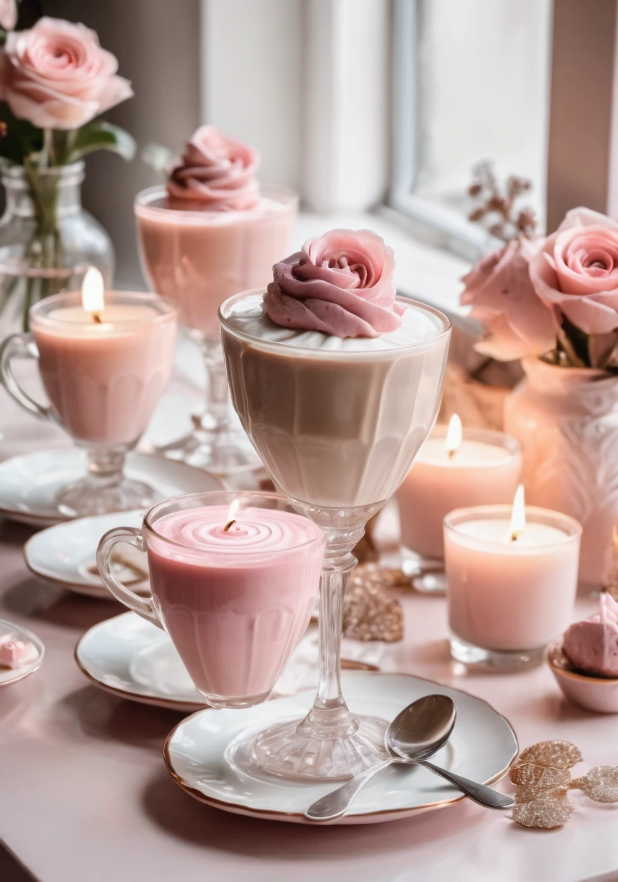 high quality,Official Art,sweets,Instagram style,On the table,Fashionable Cafe,Latte Art,Candles,pale pink,Grayish pale pink,Sense of luxury,Postcard style,Shabby chic,Transparency,Angle from a distance