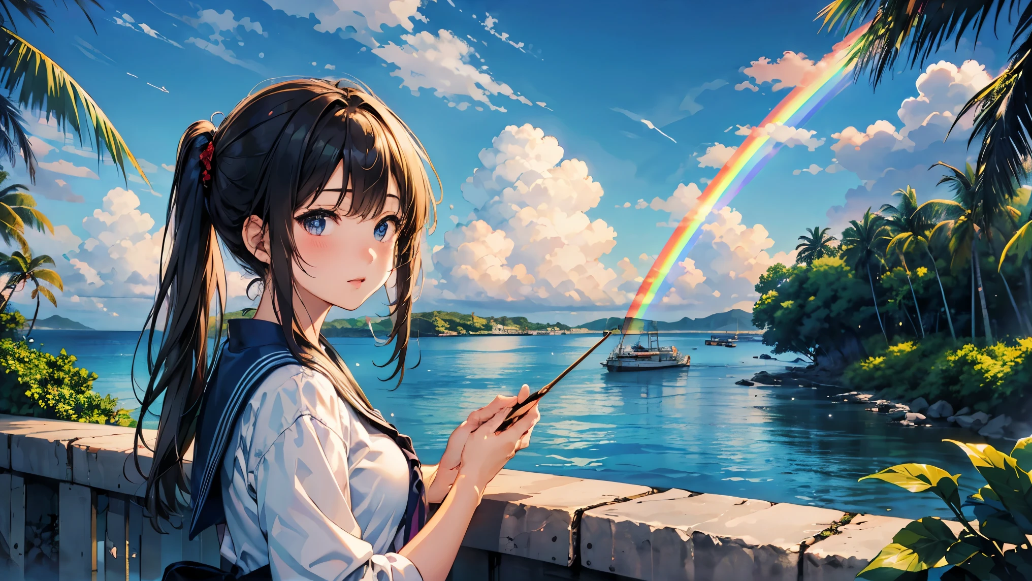 rainbow、美しいrainbow、(rainbowの空:1.5), Relaxing high school girl、Sailor suit、big、Japanese 、wearing 、rainbow、Ocean、Splash playing red fly background,Tropical atmosphere