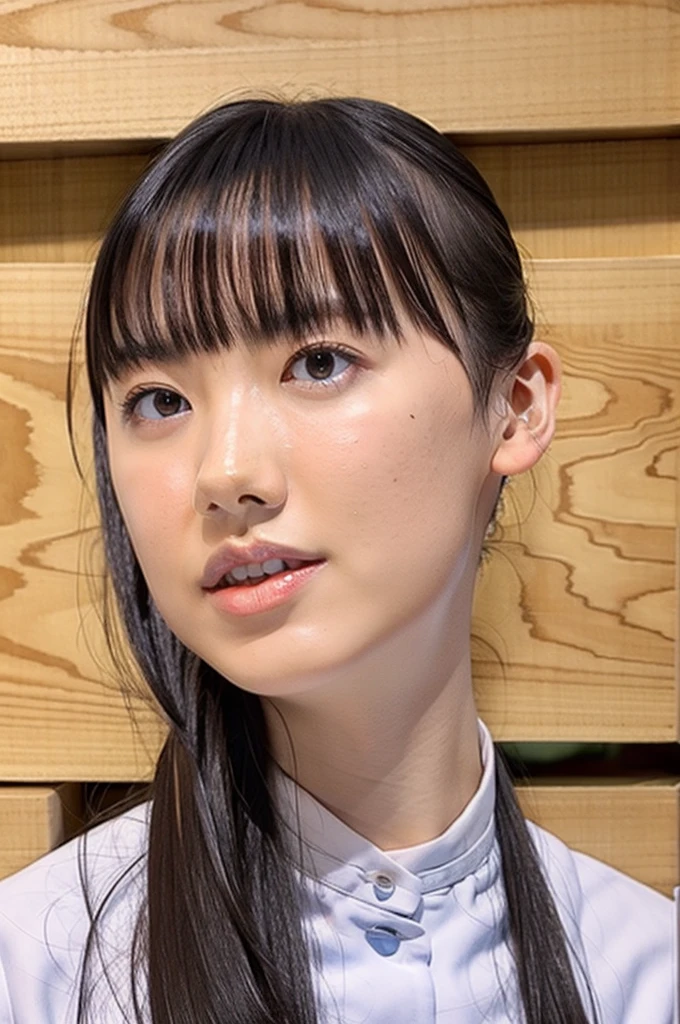 slender girl, (make up:1.1), (ニットセーター:1.2), middle breasts, at school room, (upper body shot:1.1), round face