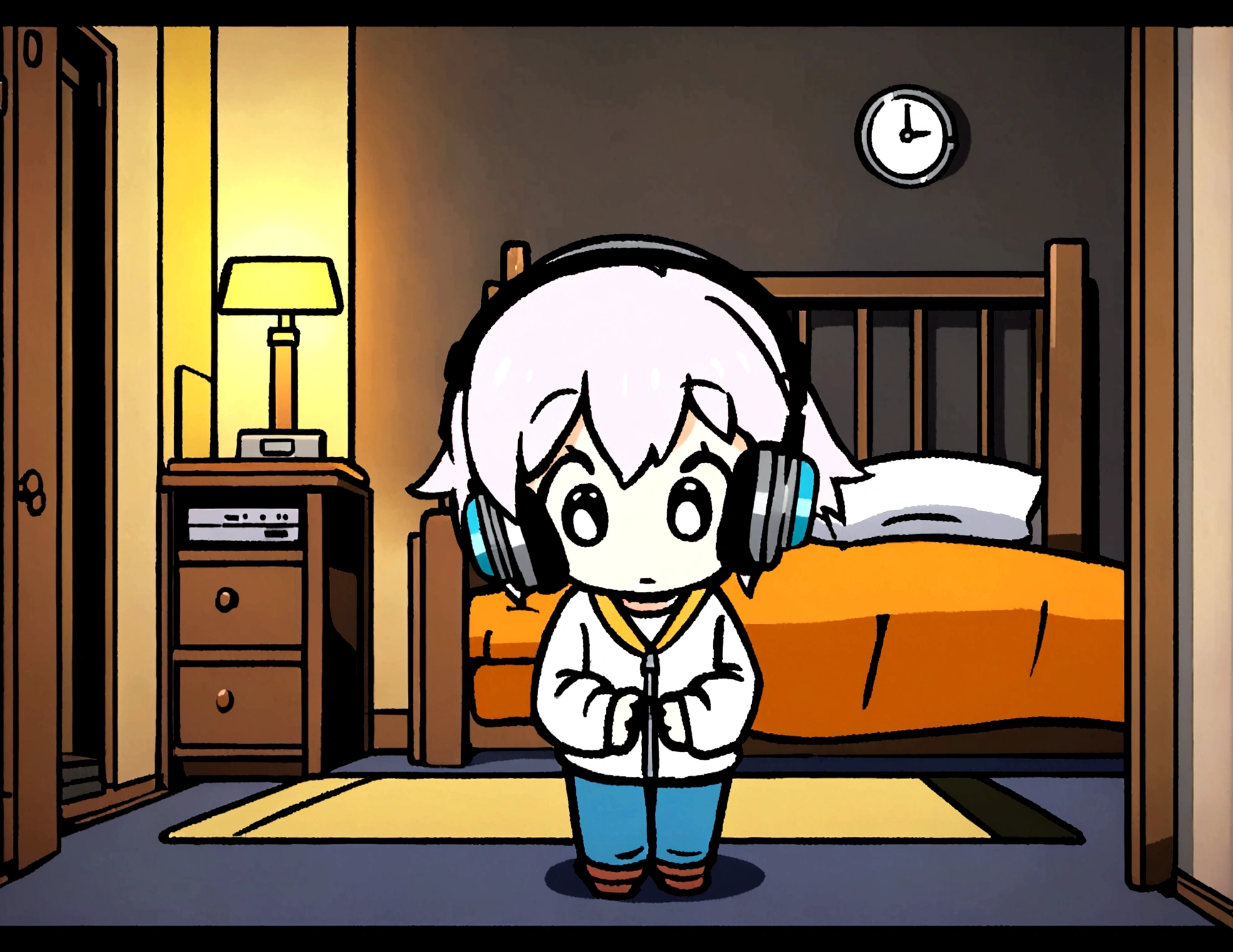 Comfortable room at night, Using headphones, 2D style anime, harddisk, Welcoming environment