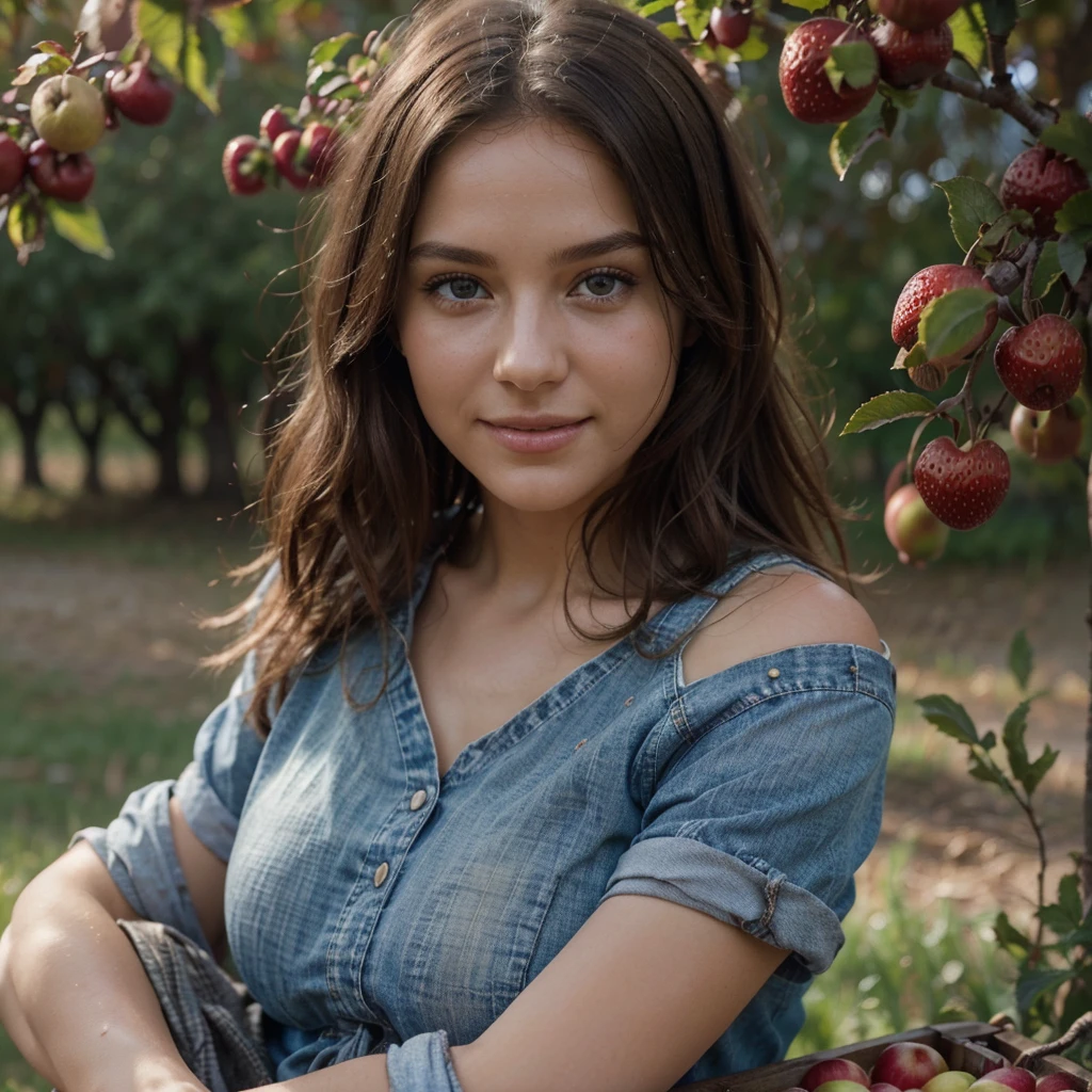 Beautiful blonde in an orchard, (picking apples or strawberries. Elle porte une tenue décontractée composée d'un short en jean et d'un haut à motifs. Un panier en osier rempli de fruits frais pend à son bras, et elle sourit à la caméra tout en tendant la main pour cueillir un fruit juteux. Soft morning light illuminates the scene, creating a warm and rustic atmosphere.), very detailed, 21 ans, visage innocent, natural wavy hair, blue eye, high resolution, masterpiece, best quality, intricate details, very detailed, sharpness, detailed skin, realistic skin texture, texture, detailed eyes, professionnel, 4K, charming smile, shot with Canon, 85mm, shallow depth of field, Kodak Vision Color, corps parfaitement ajusté, extremely detailed, Photo_(ultra), photorealistic, realistic, post-traitement, Maximum details, roughness, real life, ultra realistic, photorealism, la photographie, 8k uh, la photographie.