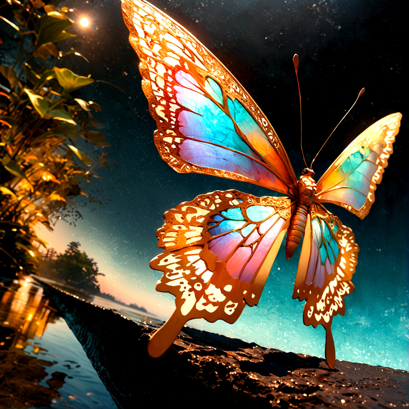 Moonlight,The arrival of spring, Mr.々Beautiful flowers
, A swallowtail butterfly with beautiful iridescent wings,View from below, 空から落ちてくるMr.々A gem, Amazingly beautiful scenery, Slightly hazy, wonderful, High resolution, 8K, (Highest quality, High resolution, Realistic:1.37), Shiny metallic flowers, Intricate and delicate petals, Reflective surface, Vibrant colors, Intricate details, Close-up view, 超Realisticな庭園, 超Realisticな美しさ, Dreamy atmosphere, Fine art, Abstract Plants, Metallic engraving, Contrasting Textures, Mysterious glow