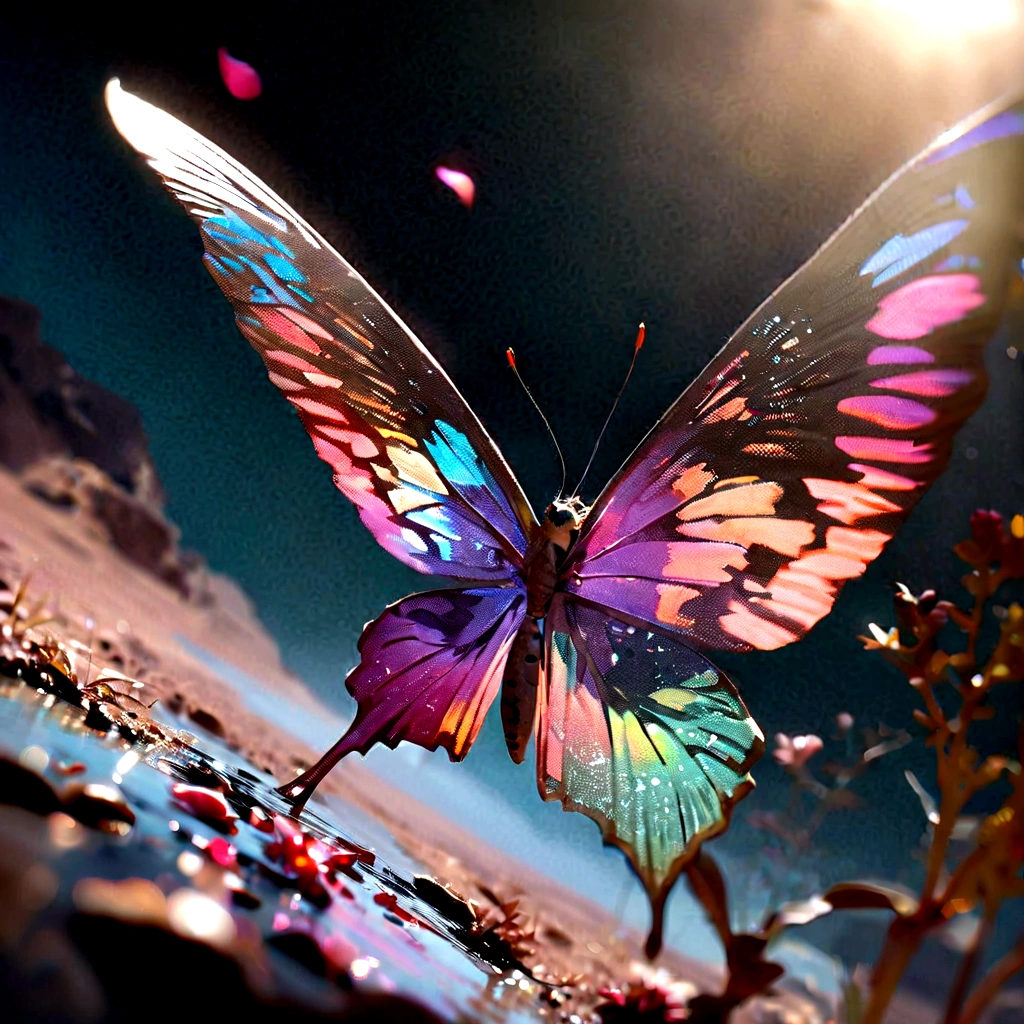 Moonlight,The arrival of spring, Mr.々Beautiful flowers
, A swallowtail butterfly with beautiful iridescent wings,View from below, 空から落ちてくるMr.々A gem, Amazingly beautiful scenery, Slightly hazy, wonderful, High resolution, 8K, (Highest quality, High resolution, Realistic:1.37), Shiny metallic flowers, Intricate and delicate petals, Reflective surface, Vibrant colors, Intricate details, Close-up view, 超Realisticな庭園, 超Realisticな美しさ, Dreamy atmosphere, Fine art, Abstract Plants, Metallic engraving, Contrasting Textures, Mysterious glow