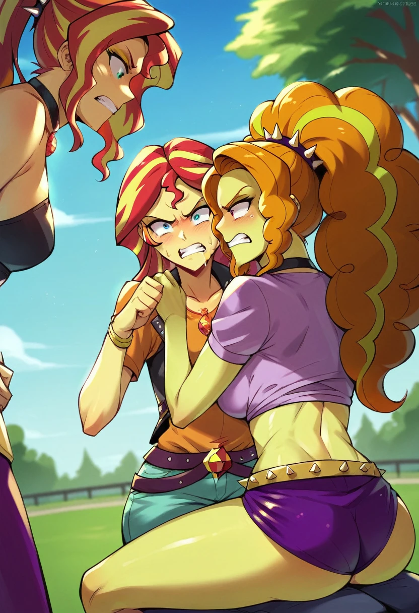 ((High Quality Image 10k)) ((Perfect Autonomy 10k)) Masterpiece, Adagio Dazzle and Sunset  Shimmer are naked, Adagio Dazzle is facesitting on Sunset Shimmer's face at the park, Adagio Dazzle and sunset Shimmer Equestria Girls, Sunset Shimmer is restraint with rope and also is screaming and struggling to get Adagio Dazzle's ass off her face, Adagio Dazzle smirks at Sunset Shimmer's attempts of struggling to break  free, Adagio Dazzle and Sunset Shimmer, cuerpo completo, high resolusio