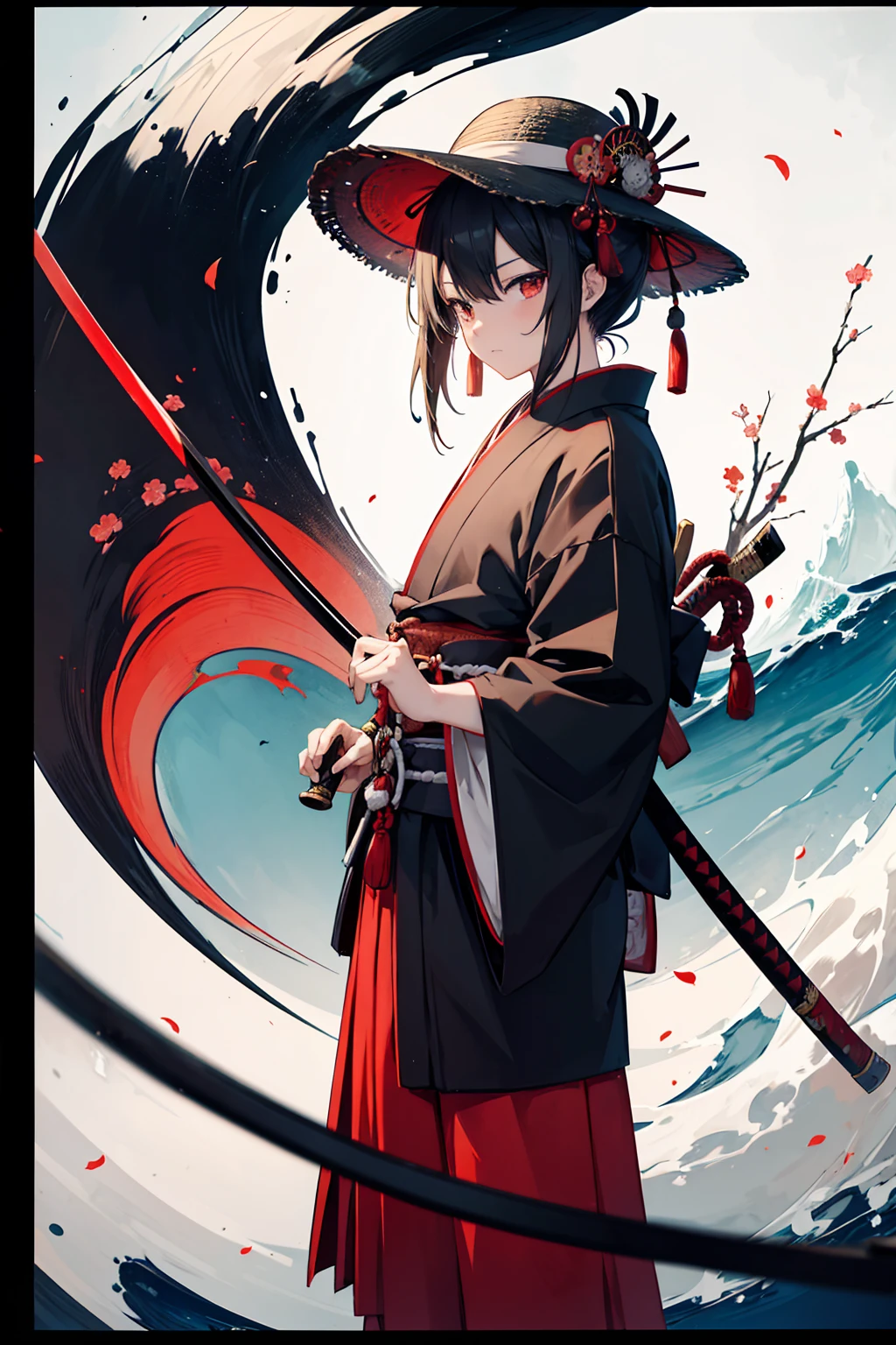 Japanese theme with a samurai holding a katana looking at the coast horizon and a straw hat focusing on black and white Japanese painting style with some parts in red