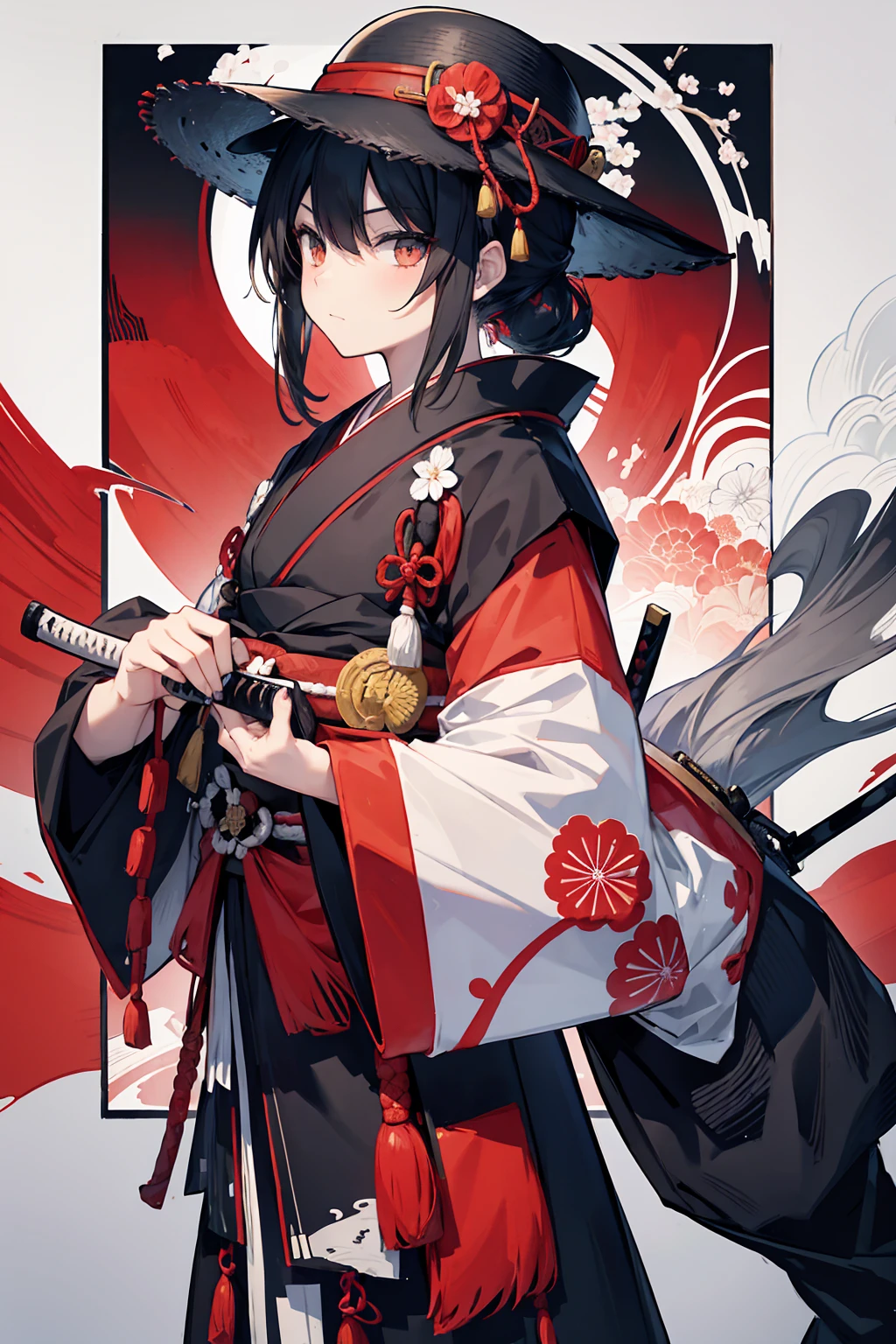 Japanese theme with a samurai holding a katana looking at the coast horizon and a straw hat focusing on black and white Japanese painting style with some parts in red