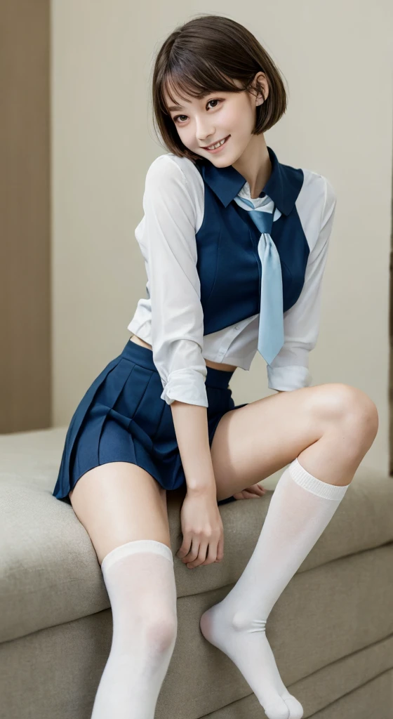 (masterpiece, Highest quality:1.2), Surreal school girl, alone, One girl,Ultra mini skirt,I can see your pants , (Shiny skin), sweating, smile, View your viewers , Knee socks, Sit down and put up one leg, likeい女性、like々A cute and innocent appearance、Short straight bob hairstyle、Soft and delicate features、Calm expression、A very thin shirt、Warm and soft colors、Calm atmosphere、Thoughtful Thoughts。
