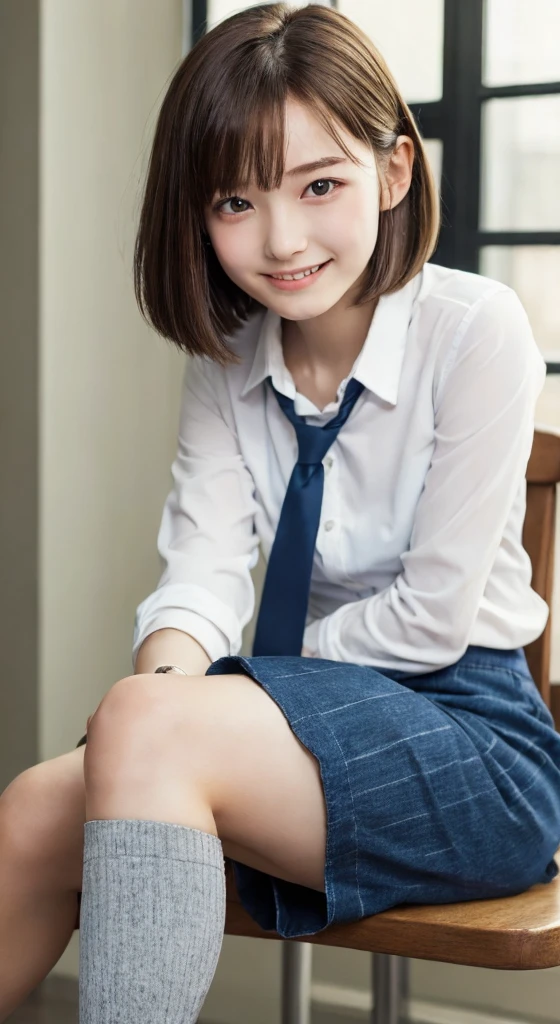 (masterpiece, Highest quality:1.2), Surreal school girl, alone, One girl,Ultra mini skirt,I can see your pants , (Shiny skin), sweating, smile, View your viewers , Knee socks, Sit down and put up one leg, likeい女性、like々A cute and innocent appearance、Short straight bob hairstyle、Soft and delicate features、Calm expression、A very thin shirt、Warm and soft colors、Calm atmosphere、Thoughtful Thoughts。
