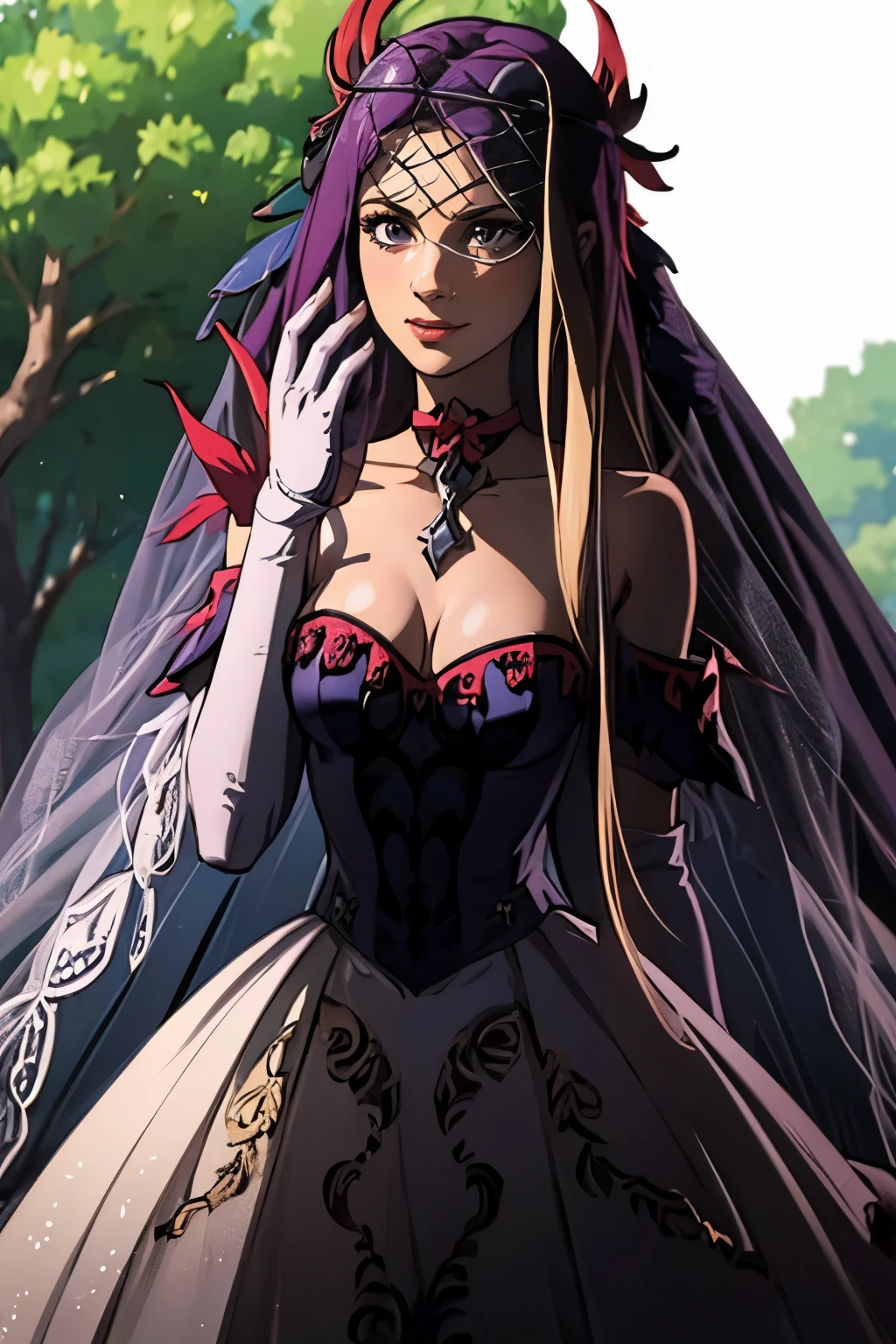 Princess Ivy FE, hair between eyes, ahoge, blonde hair, star \(symbol\), hair ornament, ruffled tulle dress, cleavage, bare shoulders, collarbone, long black elbow gloves, black gloves, black dress, black choker, strapless, tiara, veil, strapless dress, princess dress, veil, beautiful woman, perfect body, perfect breasts, wearing a princess dress, ball gown, in the park trees, wedding decorations, a warm smile, realism, masterpiece, textured skin, super detail, high detail, high quality, best quality, 1080p, 16k, purple hair