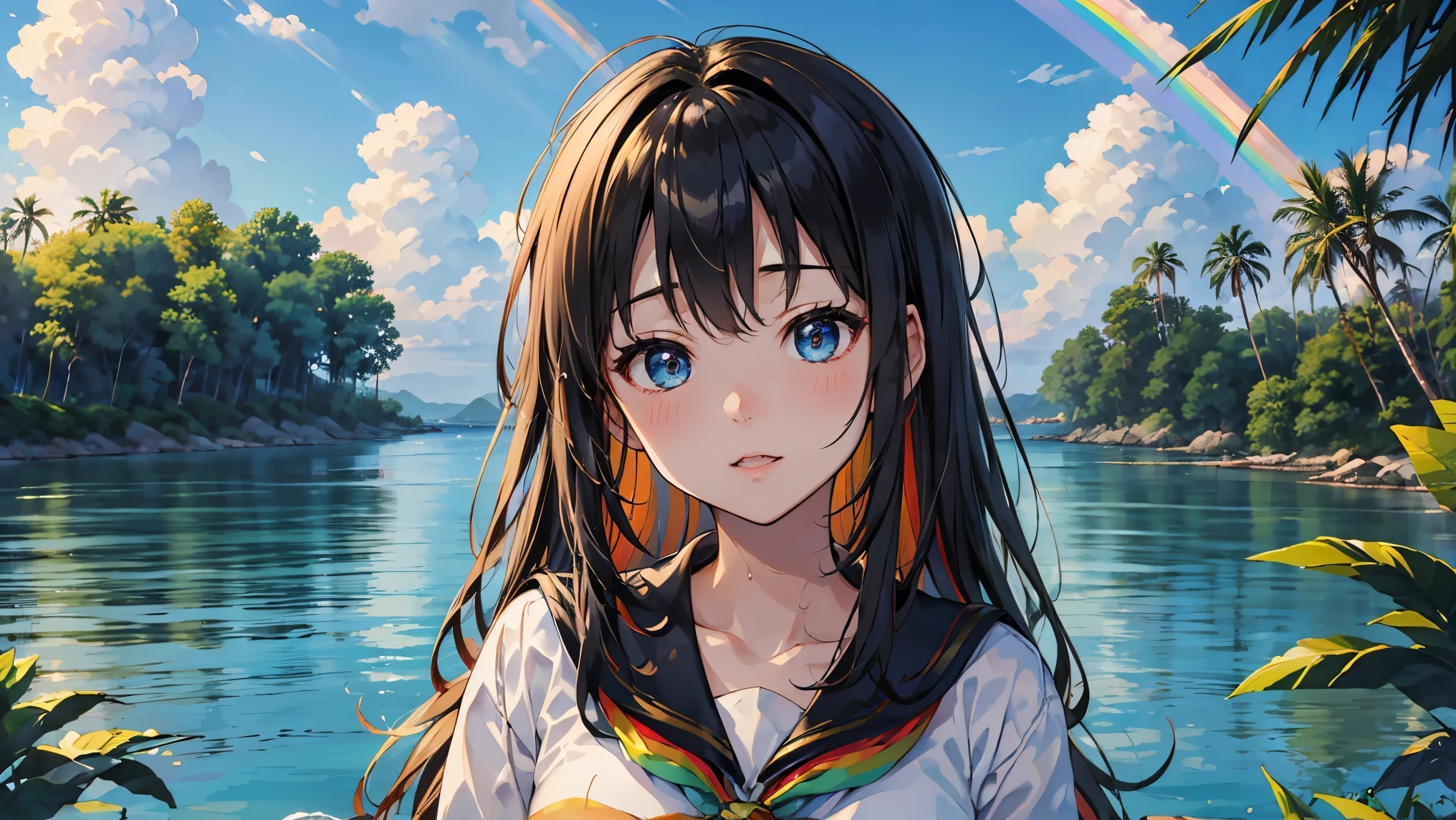 rainbow、美しいrainbow、(rainbowの空:1.5), Relaxing high school girl、Sailor suit、big、Japanese 、wearing 、rainbow、Ocean、Splash playing red fly background,Tropical atmosphere