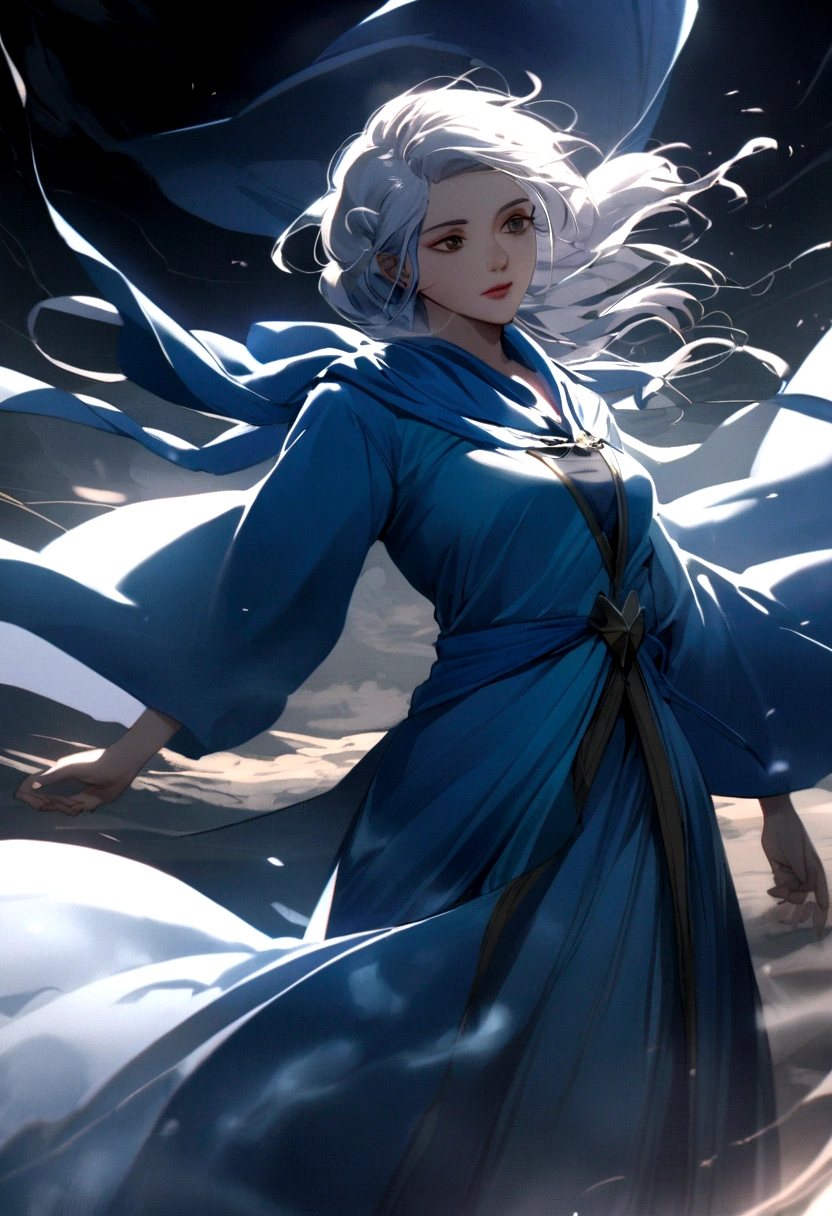 A mage garbed in azure robes, their hair dancing in the breeze, their spells conjuring swirling vortexes of wind to buffet their enemies. Their presence is as ephemeral as a passing breeze, yet their spells carry the force of a raging storm. The background must be a wind and several air effect.