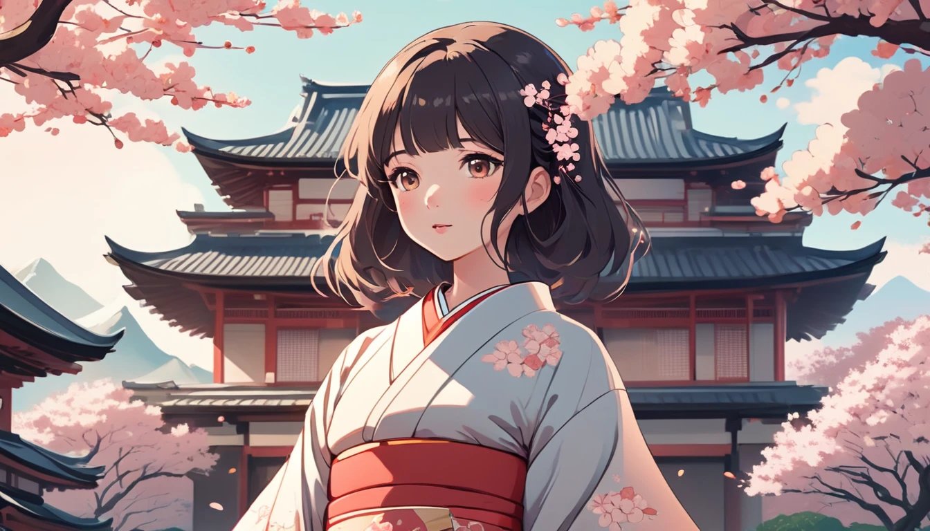 A cool kimono woman,Japanese temple with cherry blossoms in the background、 Wide-angle lens, Lofi Anime, Lofi illustration, Aesthetic atmosphere, Lo-Fi Style, Vector art, Flat Design, Simple shape, Warm tones, Pleasant atmosphere, Chill, In anime style, Digital drawing, Vector art, Vector logo for t-shirt printing, (Adorable:1.5), (small:1.4), (Playful:1.2), (soft:1.3), (Whimsical:1.1), masterpiece, Highest quality, 8K, Intricate details, grow, Celestial, Mysterious, Picturesque, amazing, Majestic, Magic, Fantasy art, Cover art, dream-like