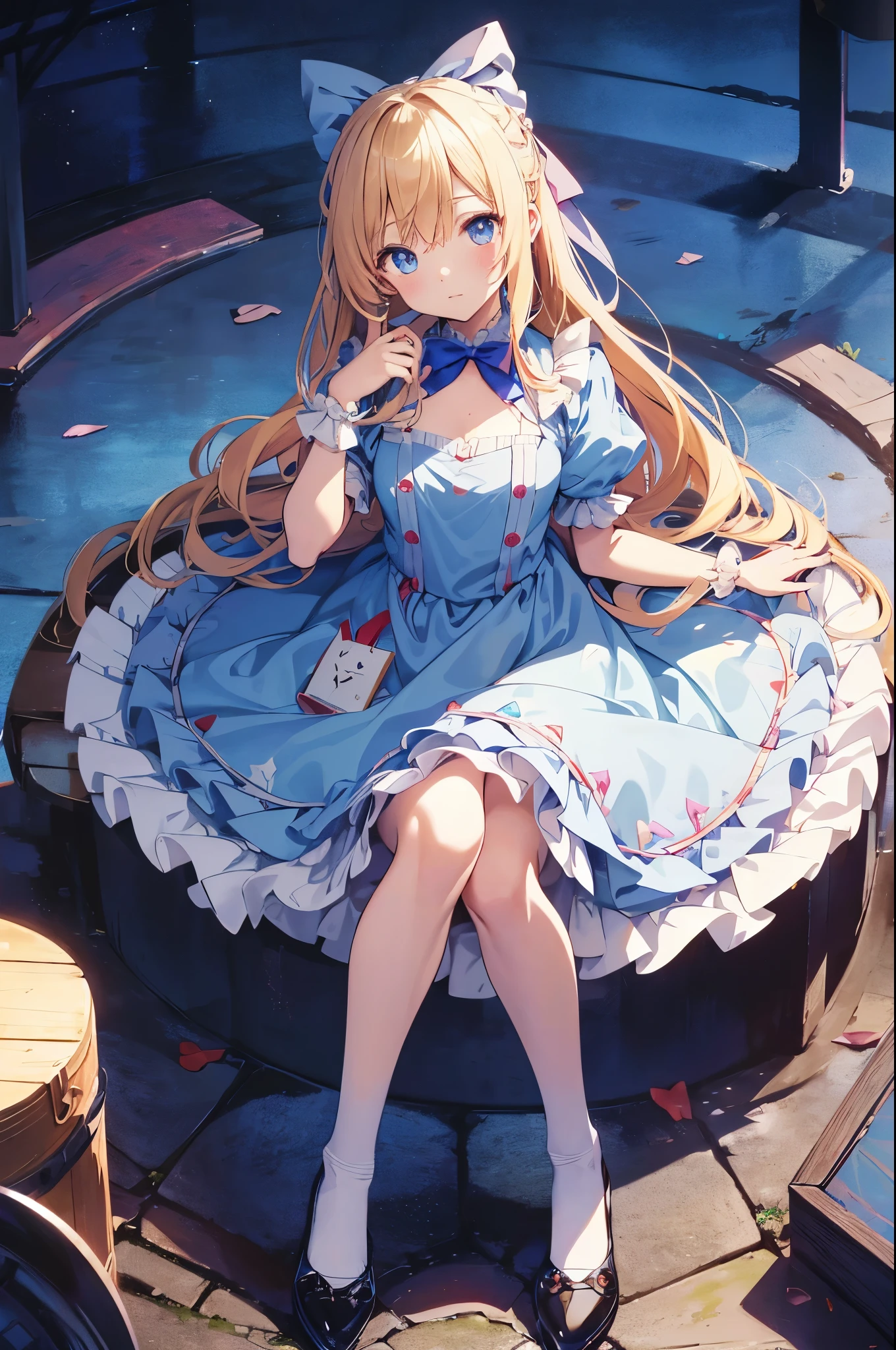 Anime Girls,(Official Art、Highest quality、unity 8k wallpaper、32k、masterpiece、Very detailed、Ultra-high resolution)、wonderful、((Alice in Wonderland))、blonde、Tie your hair with a ribbon、Blue colored eyes、Blue Apron Dress、White socks、