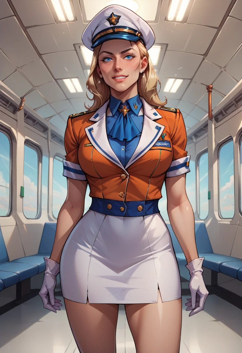 score_9, score_8_up, score_7_up, BREAK extremely detailed, 2d, solo, stewardess, blue blouse, white skirt, gloves, cap, (smile:0.5), indoors, airport, facing viewer, frontal image.