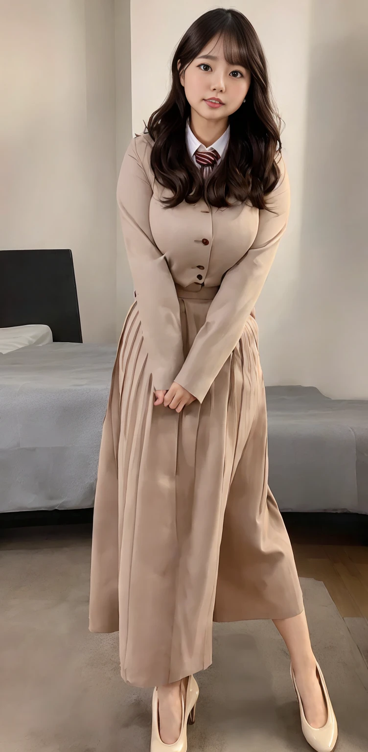 ((Highest quality, Highest quality, Raw quality)), Japanese ID, Mature Woman, ((Chubby round face around 40 years old)),  Wavy black hair with no bangs, Long Hair:1.65, Big twin ponytail:1.79, Flashy makeup, Fuller lips, Sexy Gaze, Cute Uniform, ((dressing)), looking at the camera, Low angle shooting, Cute duck lips,((Very accurate and correct anatomy)), (masterpiece:1.3), Perfect proportions, Realistic photos, Full Shot, whole body, ((height: 146cm)), High heels, loafers, (2 Foot, Two arms), ((Panty shot))