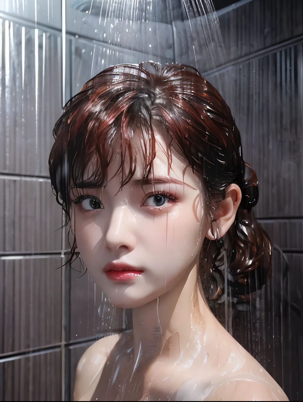 23 year old, 8k, very sharp image, masterpiece, best quality, highres, 1girl, Maggie Gyllenhaal, full body view, small breast, wet hair, curly hair, long bangs, low ponytail, closed mouth, wearing a white towel, standing in front of a shower, smiling shyly
high detail skin, high detail hair, high detail lips, realistic mouth, realistic face, high-key lighting, neutral, flat, even, ambient light