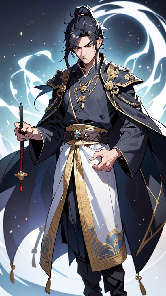 **Appearance:**
The protagonist is a young man in his early twenties, with a lean and athletic build that reflects his agility and strength. He has strikingly sharp features with high cheekbones, a straight nose, and piercing almond-shaped eyes that give off a sense of determination and intelligence. His eyes are a deep, intense black that seem to hold an endless depth. His jet-black hair is long and tied into a traditional topknot, with a few loose strands framing his face.
**Clothing:**
He wears traditional Chinese Hanfu, characterized by its elegance and intricate design. His attire consists of:
- **Inner Garment:** A white silk inner robe with long sleeves, visible at the neckline and cuffs of his outer robe.
- **Outer Robe:** A dark blue outer robe made of fine brocade fabric, adorned with delicate silver embroidery depicting mythical creatures and cloud patterns. The robe flows gracefully down to his ankles.
- **Belt:** A wide, black silk belt with an intricate knot at the front, holding the robes securely in place.
- **Overcoat:** A light, flowing overcoat in a shade of deep blue, almost black, with silver embroidery along the edges and sleeves, adding a regal touch to his appearance.
- **Footwear:** Traditional black cloth shoes, soft yet durable, designed for both comfort and movement.
**Accessories:**
- **Sword:** He carries a traditional Chinese sword (jian) with an ornate hilt and scabbard. The scabbard is made of dark wood, embellished with silver inlays that match the embroidery on his robe. The sword hangs from his belt, ready to be drawn at a moment’s notice.
- **Hairpin:** A silver hairpin keeps his topknot in place, featuring a small dragon design, symbolizing his strength and noble spirit.
- **Pendant:** A jade pendant hangs from his belt, engraved with protective symbols and bringing good luck and fortune.
**Aura and Expression:**
He exudes an aura of confidence and calm, with a steady gaze that reflects his wisdom and experience. Despite h