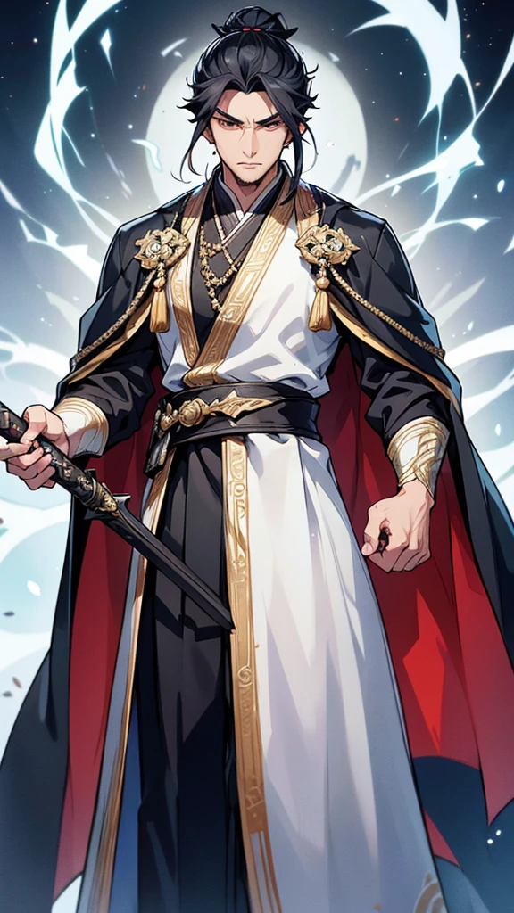 

**Appearance:**
The protagonist is a young man in his early twenties, with a lean and athletic build that reflects his agility and strength. He has strikingly sharp features with high cheekbones, a straight nose, and piercing almond-shaped eyes that give off a sense of determination and intelligence. His eyes are a deep, intense black that seem to hold an endless depth. His jet-black hair is long and tied into a traditional topknot, with a few loose strands framing his face.

**Clothing:**
He wears traditional Chinese Hanfu, characterized by its elegance and intricate design. His attire consists of:

- **Inner Garment:** A white silk inner robe with long sleeves, visible at the neckline and cuffs of his outer robe.
- **Outer Robe:** A dark blue outer robe made of fine brocade fabric, adorned with delicate silver embroidery depicting mythical creatures and cloud patterns. The robe flows gracefully down to his ankles.
- **Belt:** A wide, black silk belt with an intricate knot at the front, holding the robes securely in place.
- **Overcoat:** A light, flowing overcoat in a shade of deep blue, almost black, with silver embroidery along the edges and sleeves, adding a regal touch to his appearance.
- **Footwear:** Traditional black cloth shoes, soft yet durable, designed for both comfort and movement.

**Accessories:**
- **Sword:** He carries a traditional Chinese sword (jian) with an ornate hilt and scabbard. The scabbard is made of dark wood, embellished with silver inlays that match the embroidery on his robe. The sword hangs from his belt, ready to be drawn at a moment’s notice.
- **Hairpin:** A silver hairpin keeps his topknot in place, featuring a small dragon design, symbolizing his strength and noble spirit.
- **Pendant:** A jade pendant hangs from his belt, engraved with protective symbols and bringing good luck and fortune.

**Aura and Expression:**
He exudes an aura of confidence and calm, with a steady gaze that reflects his wisdom and experience. Despite h