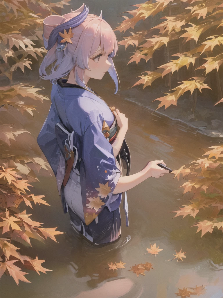 ((masterpiece,best quality)),1girl, blurry background, branch, dappled sunlight, flower, from side, hair flower, hair ornament,( japanese clothes:1.5), kimono, leaf, (maple leaf:1.9), obi, outdoors, sash, solo, sunlight, upper body,Sangonomiya\(Genshin\)