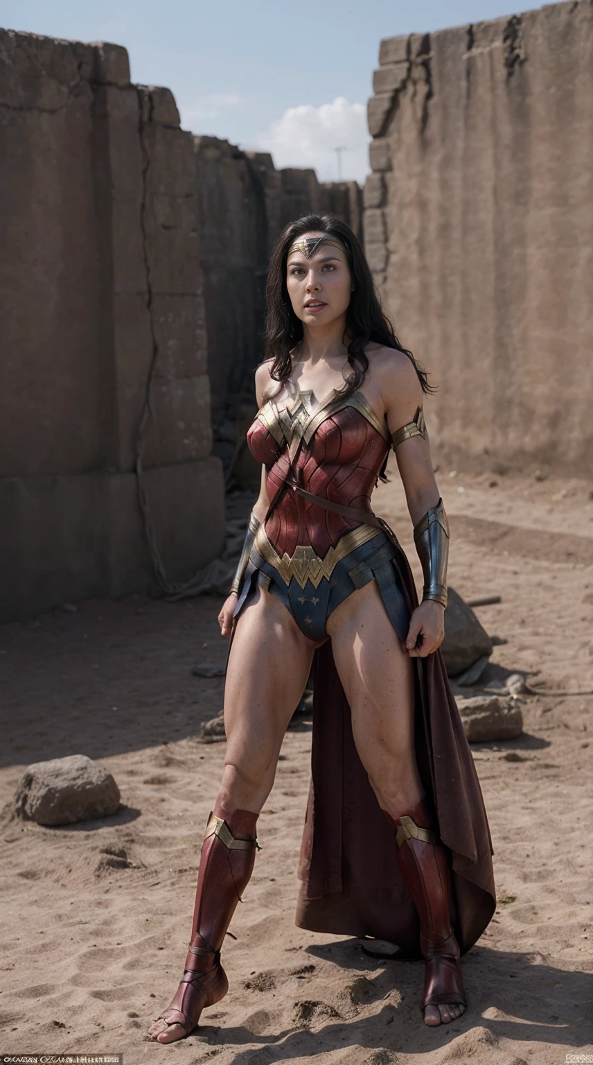 ((Full-length photo, standing, feet on the ground))Wonder Woman restrained in some way, such as being tied up, chained, or shackled. The image should show Wonder Woman's strength and determination, despite her inability to move freely. Her facial expression can be serious or intense, as she struggles against her restraints. The image can convey a sense of danger, as well as the potential for Wonder Woman to escape or otherwise overpower her captors. Full body, crawl, BDSM, NSFW, small breast