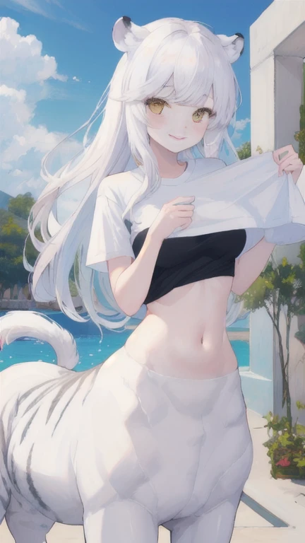 (best quality, masterpiece), 1 girl, centaur, It takes, White skin, Korean ,Smiling,exposing the abdomen,belly button t-shirt, 아름다운 소녀 perfect white tiger photo, perfect white tiger photo