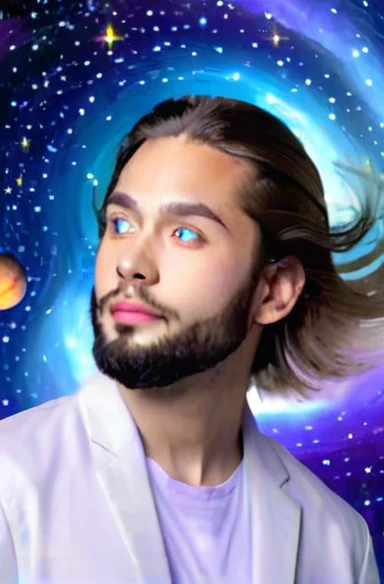 Young light-skinned man, with light blue eyes and long hair, wearing modern clothes. He has a halo with unusual shapes above his head and is floating in space. In the background there are bright stars, spiral galaxies and several planets of different sizes and colors.