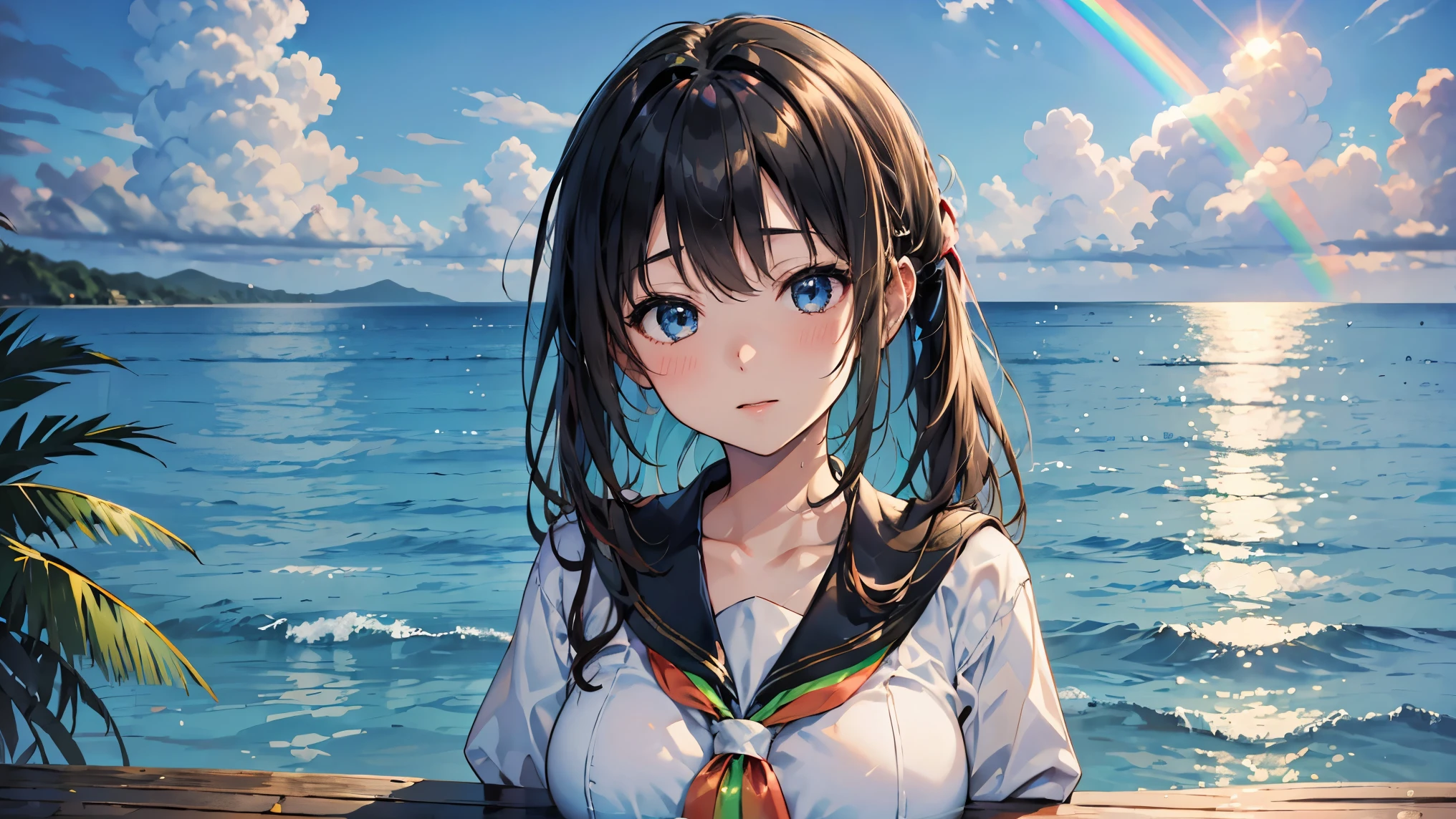 rainbow、美しいrainbow、(rainbowの空:1.5), Relaxing high school girl、Sailor suit、big、Japanese 、wearing 、rainbow、Ocean、Splash playing red fly background,Tropical atmosphere