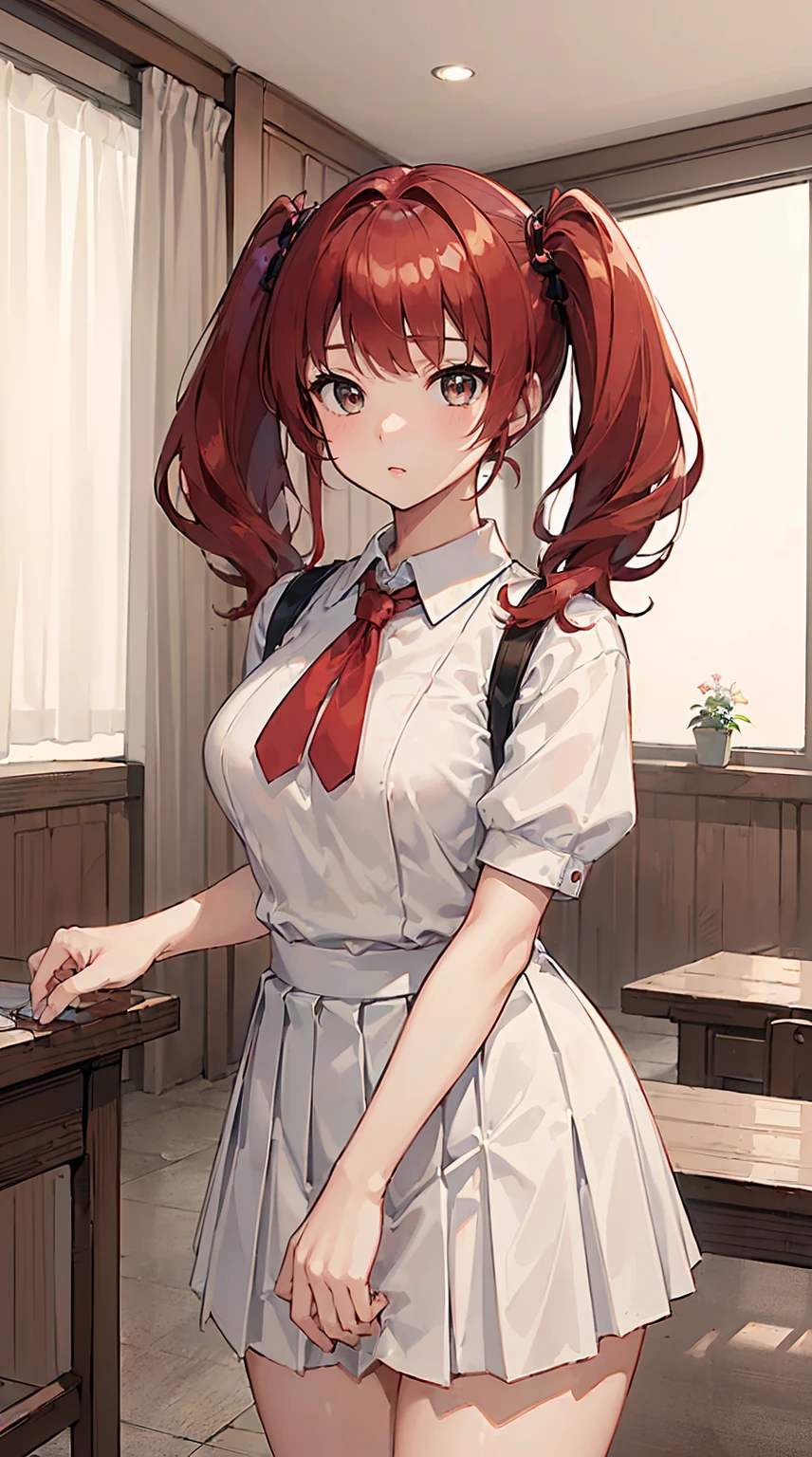 (((Masterpiece,detailed, super high quality,In 4K,Highest qualityの高品質:1.5))), (extremely detailed, Finely detaileded:1.3), (Attractive photos,Highest quality, In 4K, 8K, High resolution,Precise human body:1.3),(Boobs Close-up),whole body,Tsundere,(Beautiful woman,Beautiful face line,Feminine body lines,Beautiful red hair,Twin tails,Beautiful brown eyes)(Huge boobs,impossible cloth)(looking at the camera)(Perfect garment,,White shirt,Mini Pleated Skirt,taut cloth,bottom gap,undersized,),classroom
