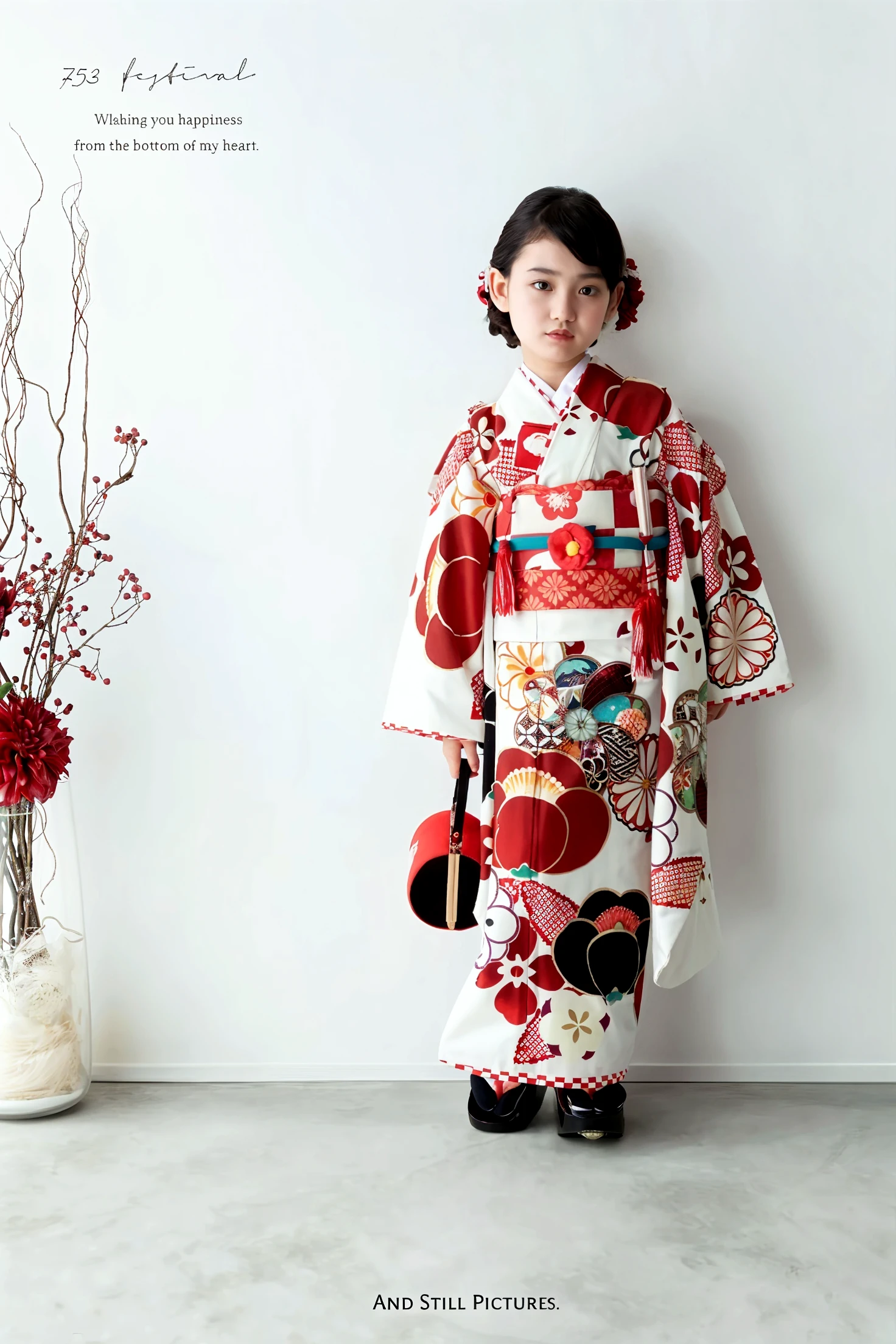 Japanese girl Shichigosan Floral kimono Standing full body Gray background 1 person Small flower hair ornament