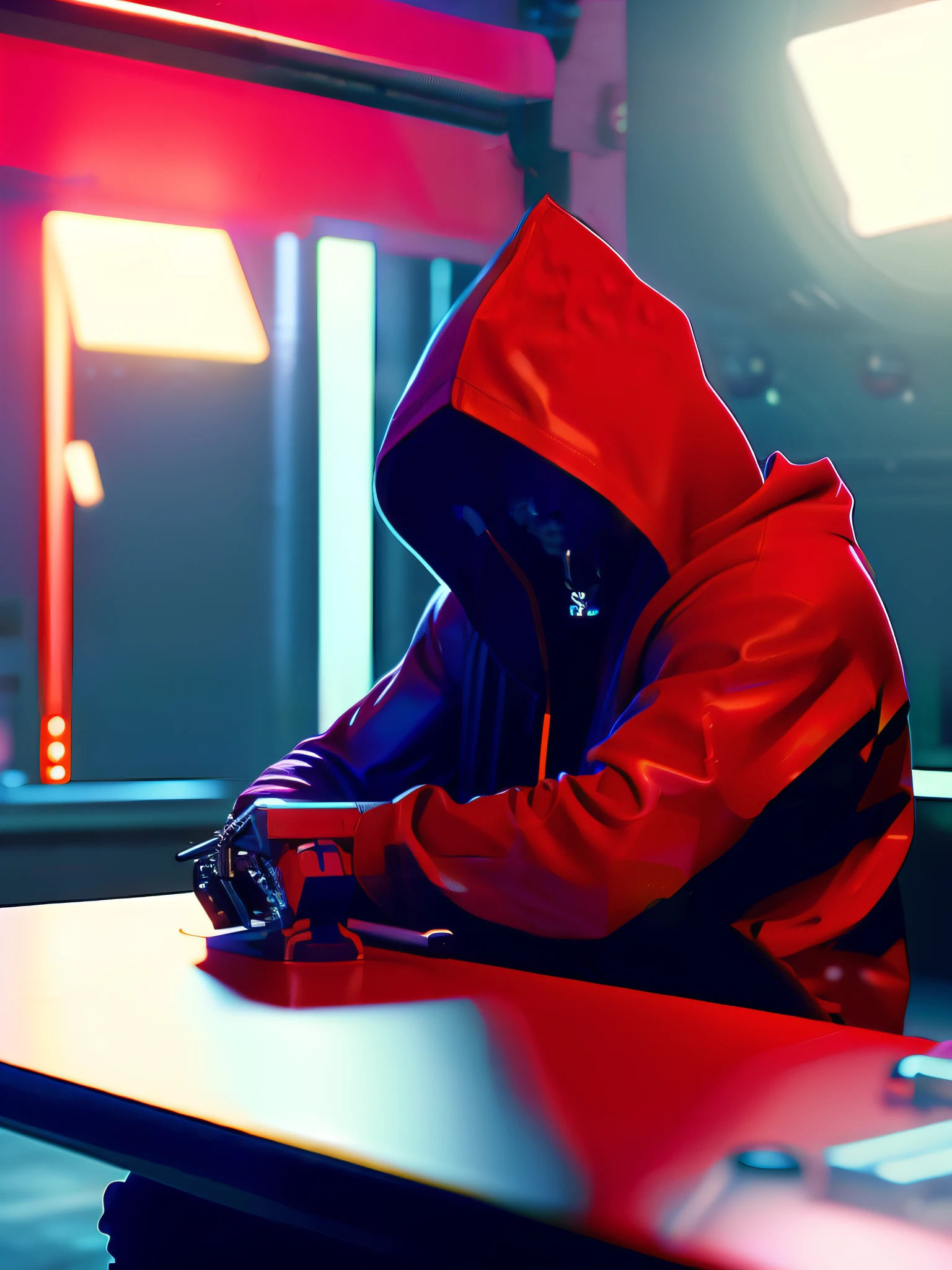 NeonNinja style, Close-up:A man wearing a red hood sits in front,There is a big ball in the middle of the room, Close-up of equipment on table