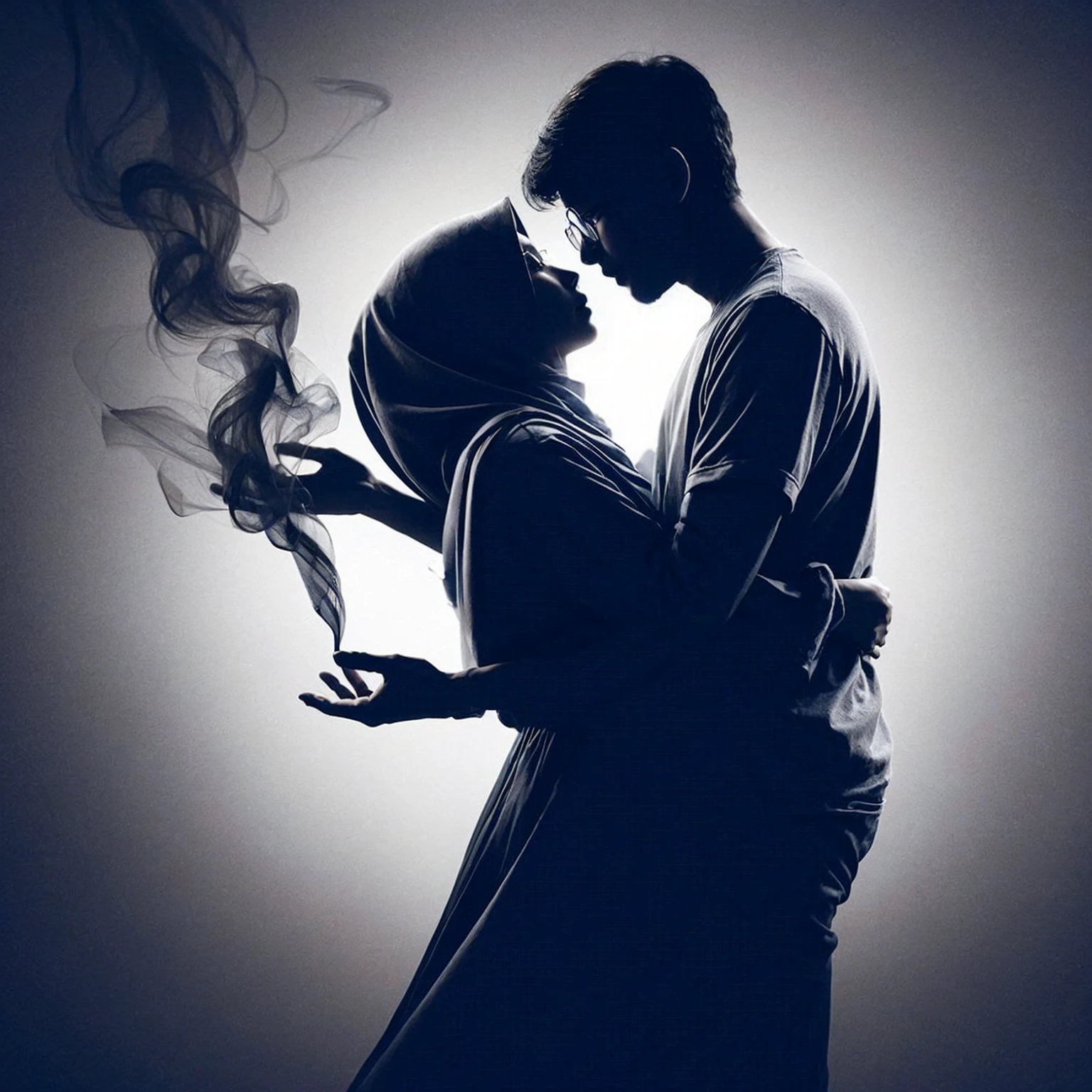 Silhouette of an Indonesian couple embracing in reunion, with a bold gray background and a smoke effect. The woman is wearing a hijab, and the man is wearing a t-shirt and glasses.