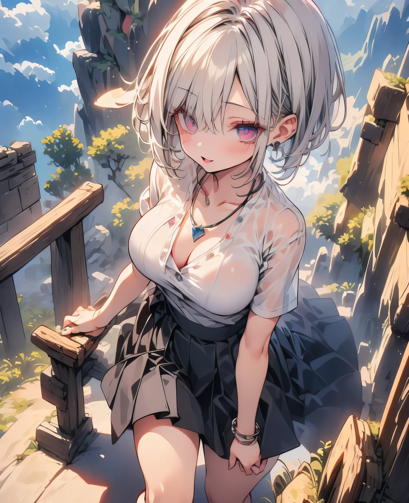 (Highest quality、High resolution、8K、masterpiece:1.2)。Look away、Open your mouth、Pink Eyes、Silver Hair、Heart shaped pupil、teeth、tongue、tongueを出す、（Original Character, (1 Girl)、Perfect Face、((short hair:1.2))、(Hair above one eye:1.3)、[[Disheveled Hair]]、Colorful Hair、Detailed eyes that shine、Light and shadow、Glowing Skin、 (Curvy but slim), ((High angle shot))、Sexy look、Use something sexy、（background：Mountain、岩Mountain、forest、nature）Full body、bracelet、necklace、Wild child、Wild childスタイル、Disheveled clothes、sunglasses、Follow the Silver Wolf、Tarzan、natureで育った、