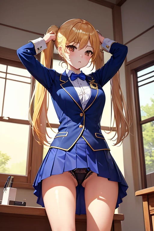 (((Stretch your legs and rotate your hips)))、((Shiny underwear)))、Uniform Blazer、Beautiful beauty、Long golden hair、((whole body))、(((Photo taken from below)))、School、classroom、Large Breastini skirt、Panties are blue lace、Japanese、expensive、Long limbs、Hairstyle Twin tails、18