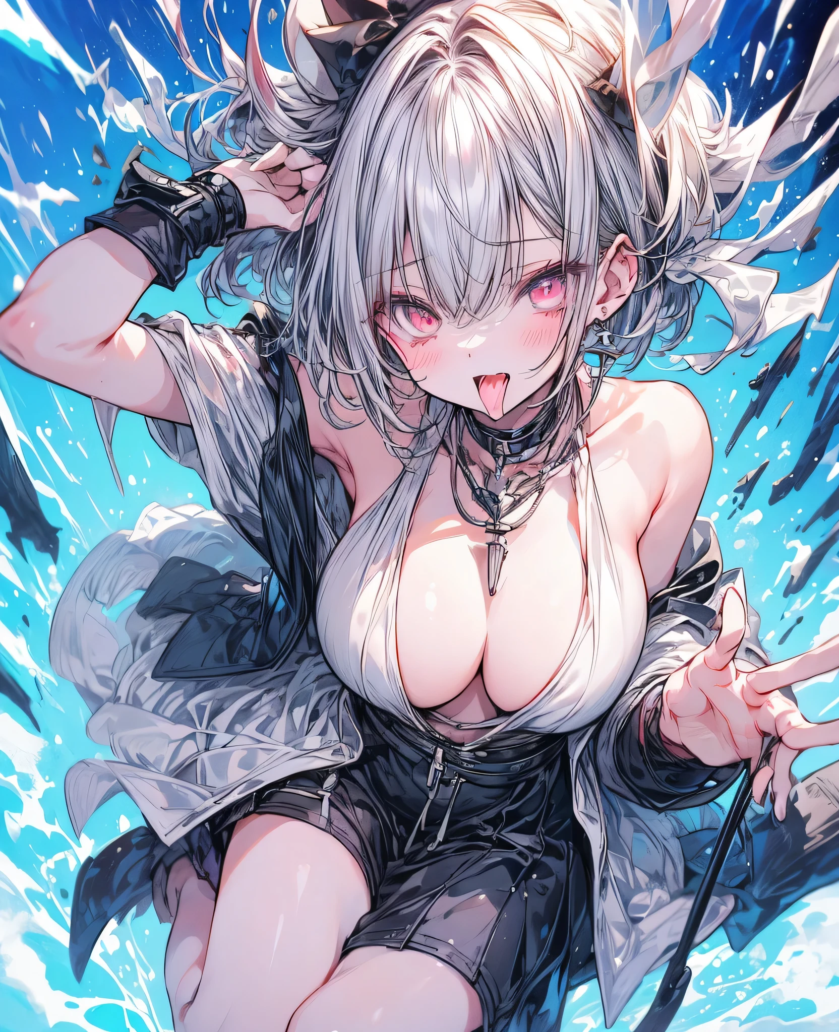 Silver-haired woman with exposed tongue
(Highest quality、High resolution、8K、masterpiece:1.2)。Look away、Open your mouth、Pink Eyes、Silver Hair、Heart shaped pupil、teeth、tongue、Show your tongue、（Original Character, (1 Girl)、Perfect Face、((short hair:1.2))、(Hair above one eye:1.3)、[[Disheveled Hair]]、Colorful Hair、Detailed eyes that shine、Light and shadow、Glowing Skin、 (Curvy but slim), ((High angle shot))、Sexy look、Use something sexy、（background：Mountain、nature）Full body、bracelet、necklace、Wild Fashion、Disheveled clothes、sunglasses、Follow the Silver Wolf、Tarzan、