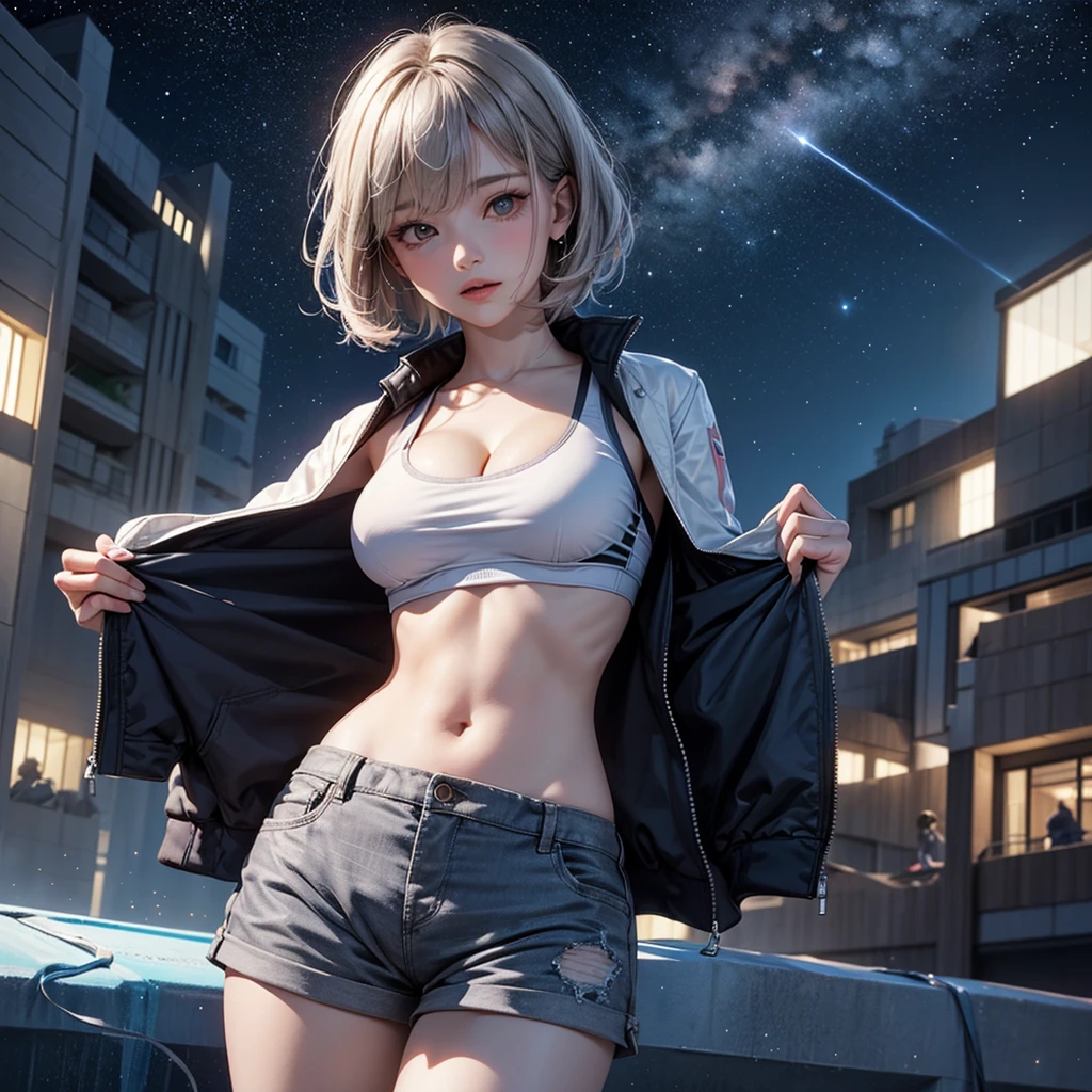 (masterpiece:1.5, Highest quality, Very detailed、 Dutch Angle、Realistic、2.5D、Realistic)(One Girl, Sports Girl, cutegirl)(Grey Hair:1.6,,short hair)(Sports Bra、Jacket:1.5、Shorts、肩にJacketをかける)、((medium breasts, Beautiful cleavage,underboob))(from backside),(Beautiful starry sky、Mystical Night、Particles of light float around the woman、Fantastic space、Looking down on the building)
