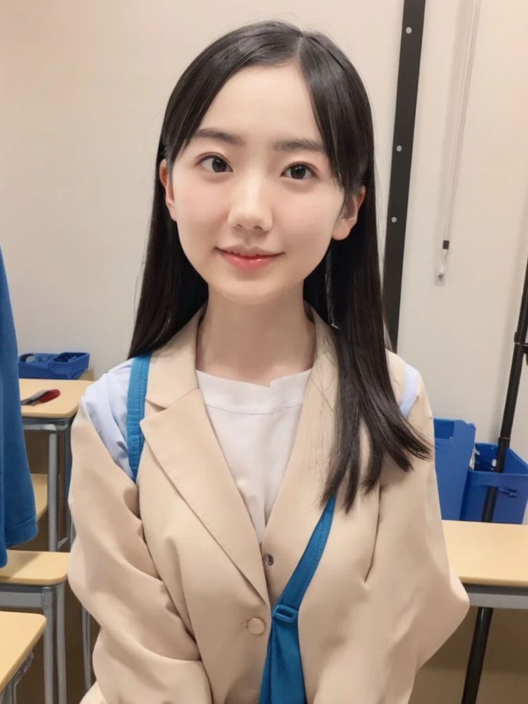 slender girl, (make up:1.1), (ニットセーター:1.2), middle breasts, at school room, (upper body shot:1.1), round face