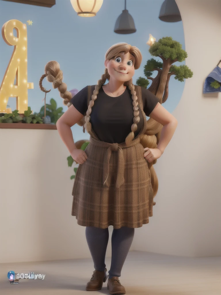 A 50 year old woman, with long light brown hair with blonde highlights tied up, disney pixar style, high quality, best quality.