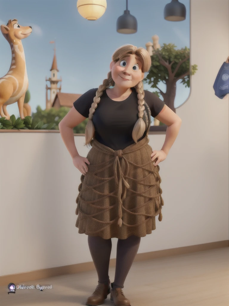 A 50 year old woman, with long light brown hair with blonde highlights tied up, disney pixar style, high quality, best quality.