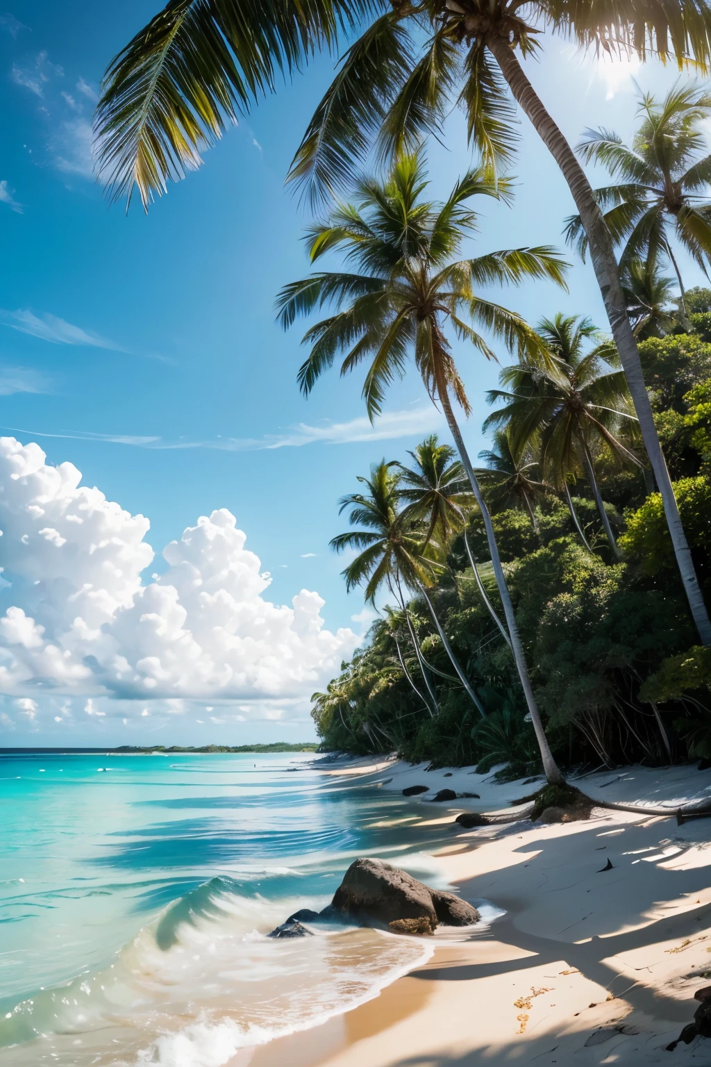 "A Masterpiece: 1.3, RAW, Best quality, High Resolution, capturing a breathtaking tropical beach scene (iu:0.9). The image showcases a pristine stretch of golden sand, where the crystal-clear turquoise waves gently crash, leaving behind a trail of shimmering foam. Tall palm trees with lush green leaves and brown trunks line the shore, their leaves swaying gently in the light breeze, creating a soothing rhythm. The sky above is a majestic blend of vibrant blue and fluffy white clouds, scattered across it, adding to the serene and tranquil atmosphere of the location. The sunlight illuminates the scene, casting long,