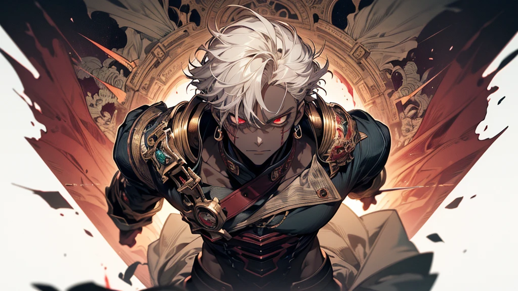 virtual_YouTuber, 1 boy,(absurd, A high resolution, ultra detailed), 1 man, , Beautiful, broad shoulders, evil, Glowing red eyes, blood, scary looks, Black skin, finely detailed eyes and a detailed face, art, occult, Vision Casting, art, Alphonse Mucha, White background, Whole Body Up, facing forward, 4K,