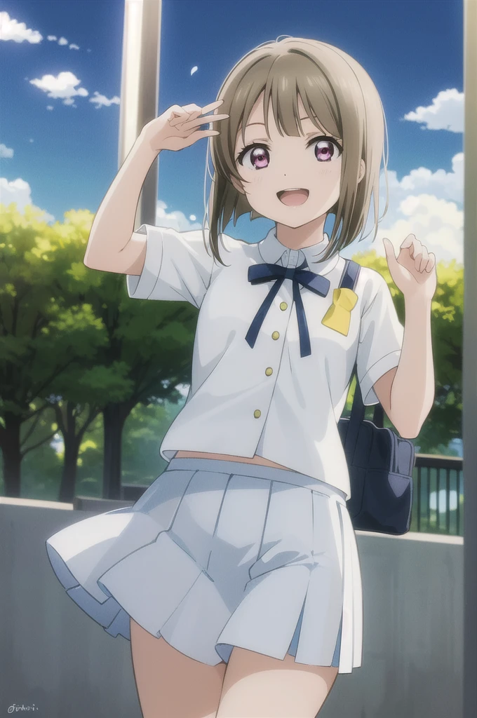 (best quality, masterpiece:1.2), 1girl, solo, (cowboy shot:1.2),  looking at viewer, standing, smile, sunlight, lens flare,  open mouth, light on face, glow eyes,
nakasu kasumi, nijigasaki academy , summer uniform, 
