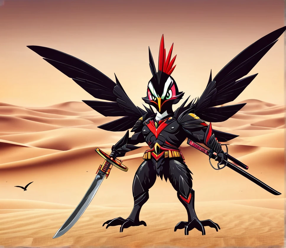 Evil Woodpecker Hummingbird Monster holding Katana on Desert 