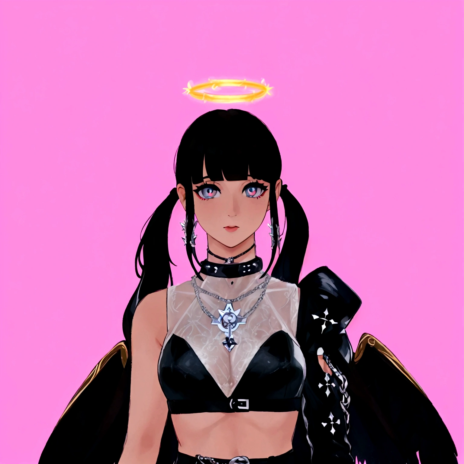 arafed image of a woman in a black outfit with a halo, wearing angel halo, imvu, as a mystical valkyrie, villainess has black angel wings, second life avatar, inspired by Sim Sa-jeong, upper body avatar, goth girl aesthetic, npc with a saint's halo, she has black hair with bangs, portrait of jossi of blackpink