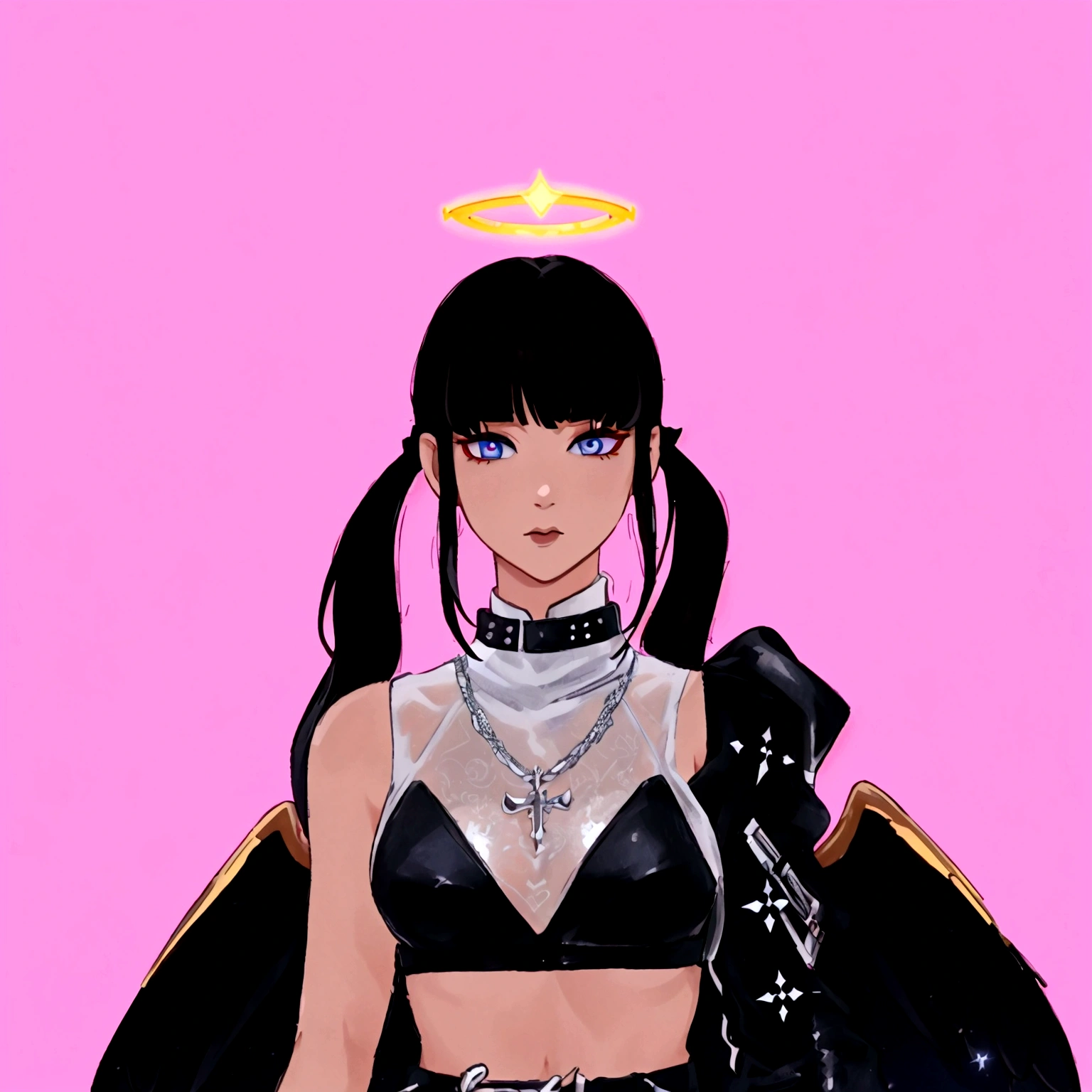 arafed image of a woman in a black outfit with a halo, wearing angel halo, imvu, as a mystical valkyrie, villainess has black angel wings, second life avatar, inspired by Sim Sa-jeong, upper body avatar, goth girl aesthetic, npc with a saint's halo, she has black hair with bangs, portrait of jossi of blackpink