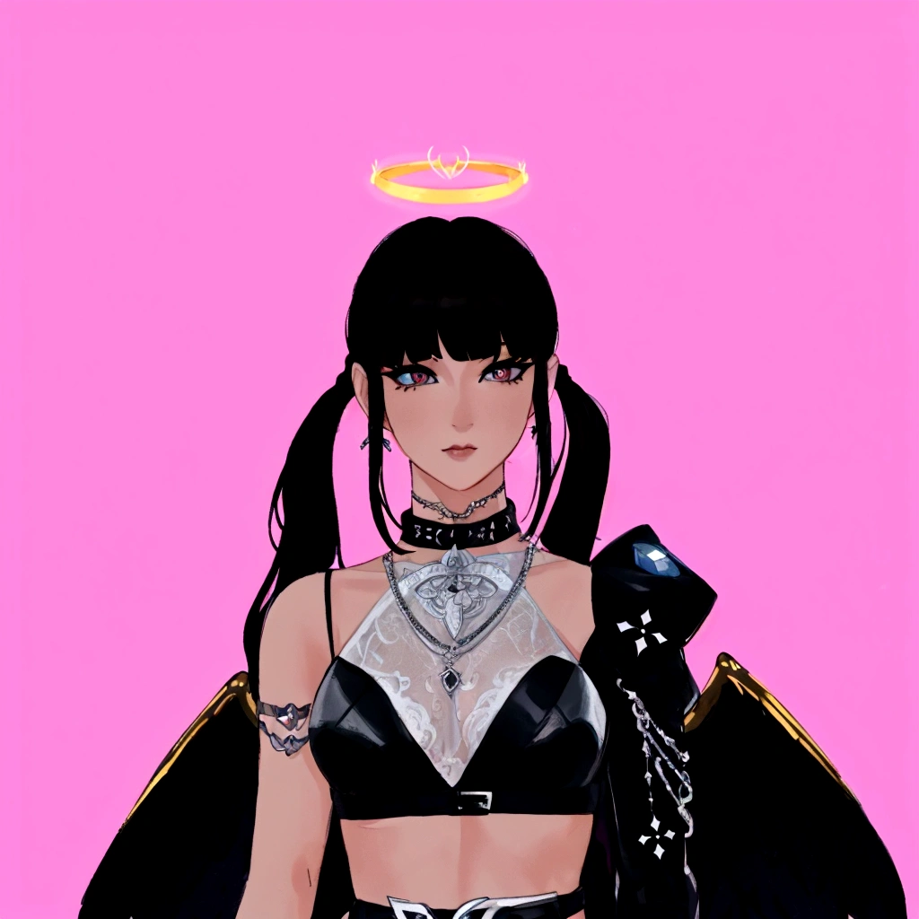 arafed image of a woman in a black outfit with a halo, wearing angel halo, imvu, as a mystical valkyrie, villainess has black angel wings, second life avatar, inspired by Sim Sa-jeong, upper body avatar, goth girl aesthetic, npc with a saint's halo, she has black hair with bangs, portrait of jossi of blackpink